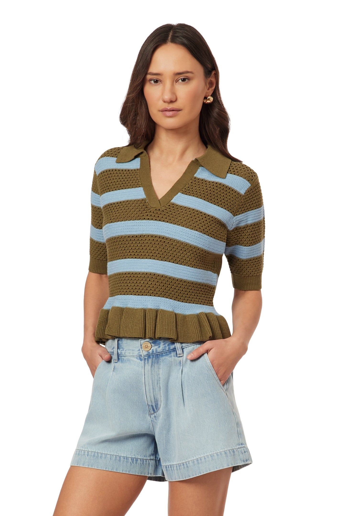 POINTELLE PEPLUM TEE GREEN MOSS/CERULEAN 6