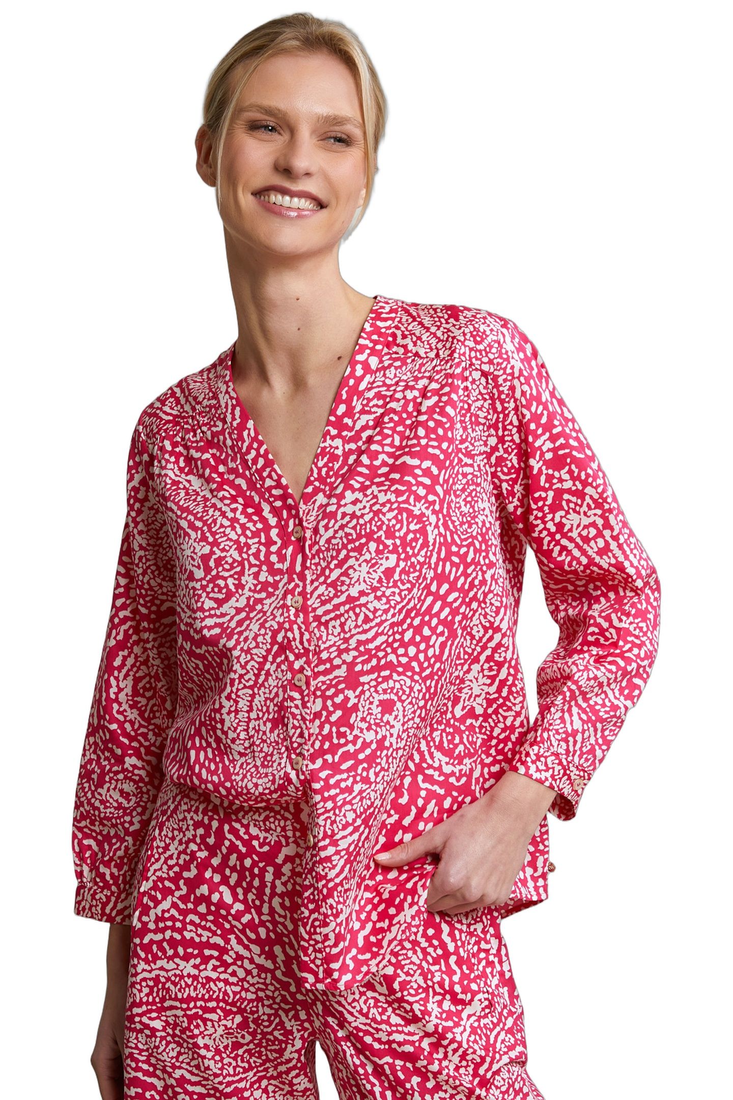 FUCHSIA/WHITE BUTTONED FANTASY V-NECK BLOUSE 1