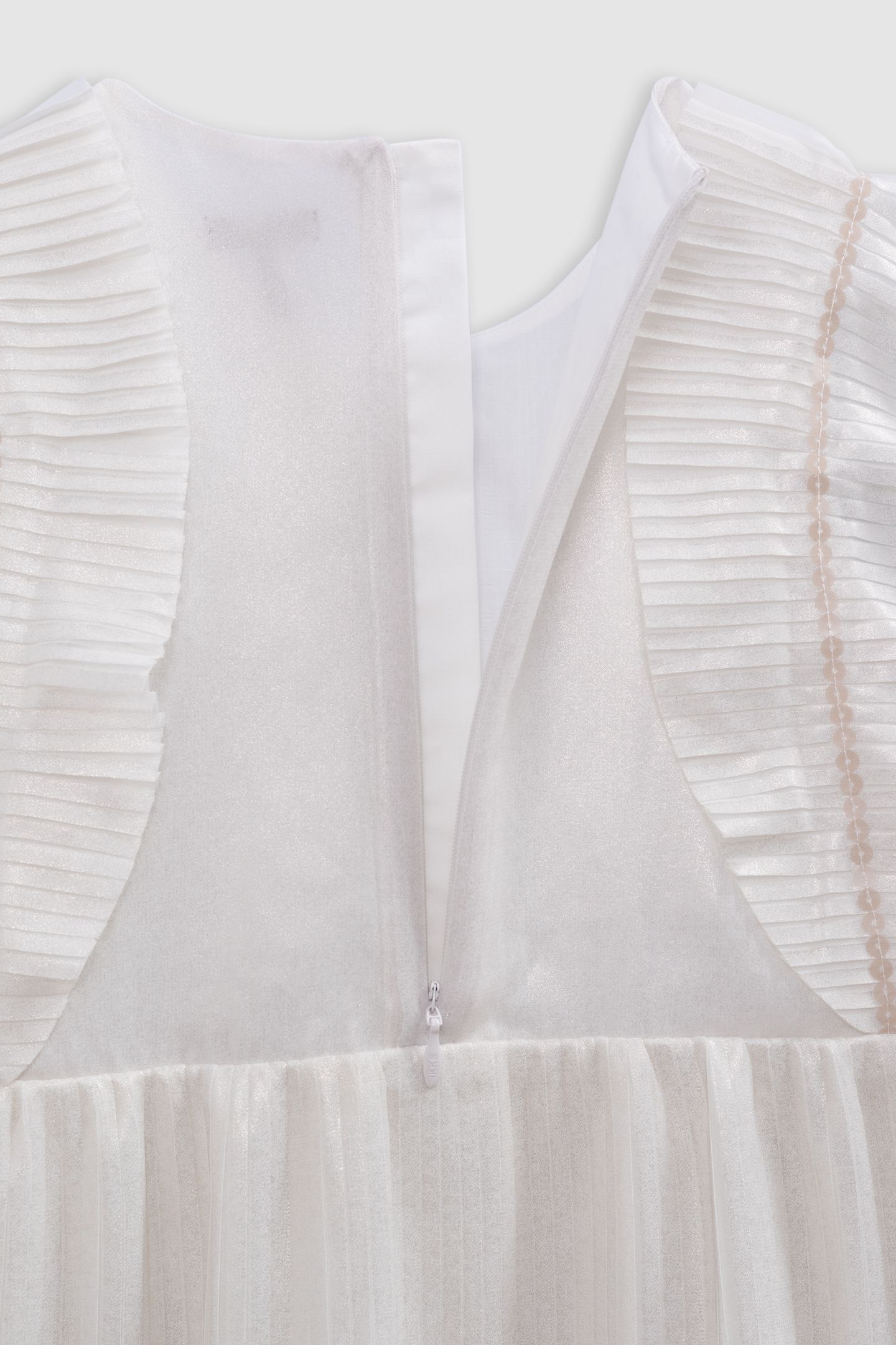 ECRU IRIDESCENT PLEATED DRESS WITH RUFFLED SLEEVES 8