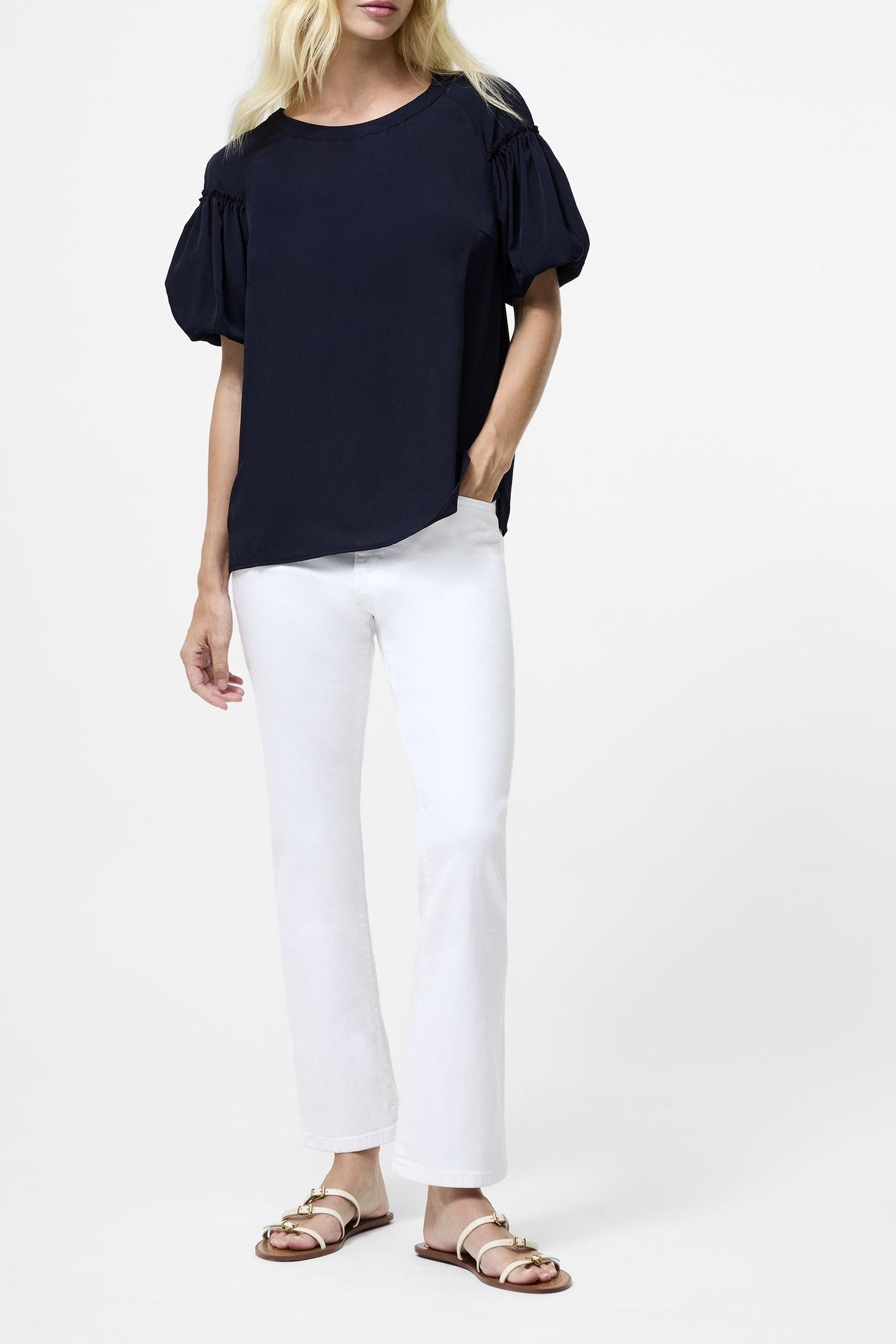 CREPE LIGHT PUFF SLEEVE TOP UTILITY BLUE 1