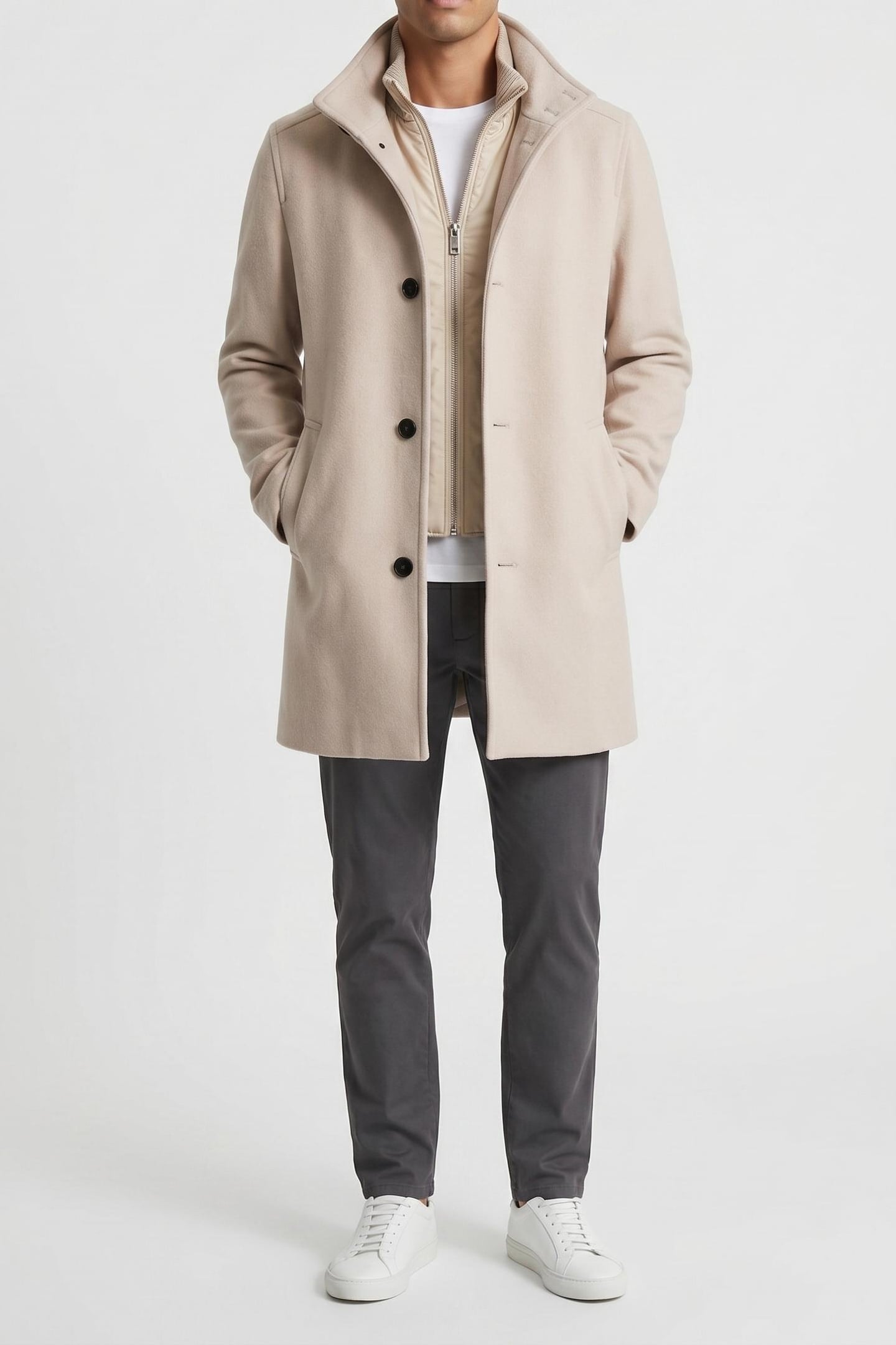 WOOL OVERCOAT WITH NYLON INSERT STONE 1