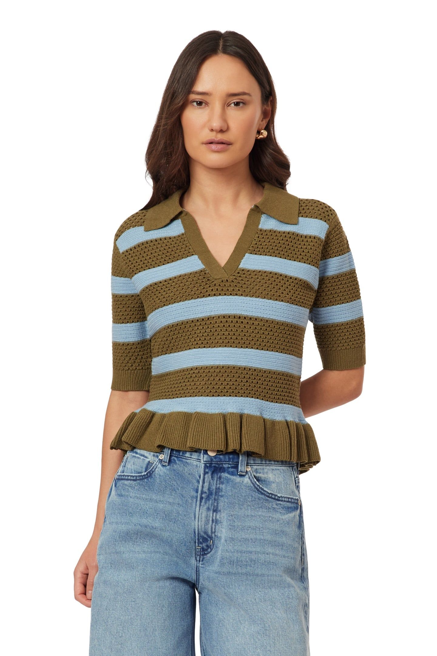 POINTELLE PEPLUM TEE GREEN MOSS/CERULEAN 1