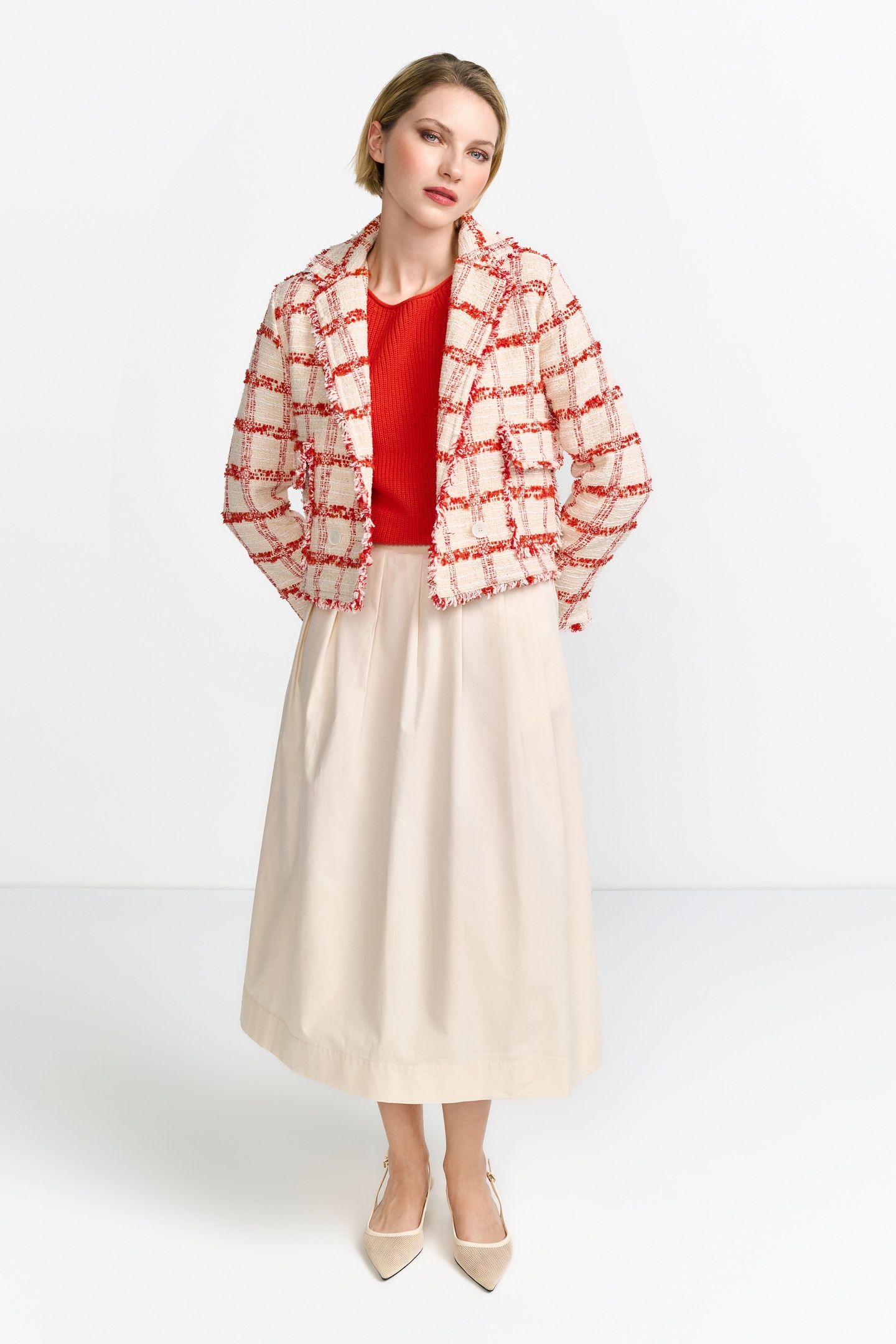 SHORT CHECKED BOUCLE JACKET SUNSET RED 1