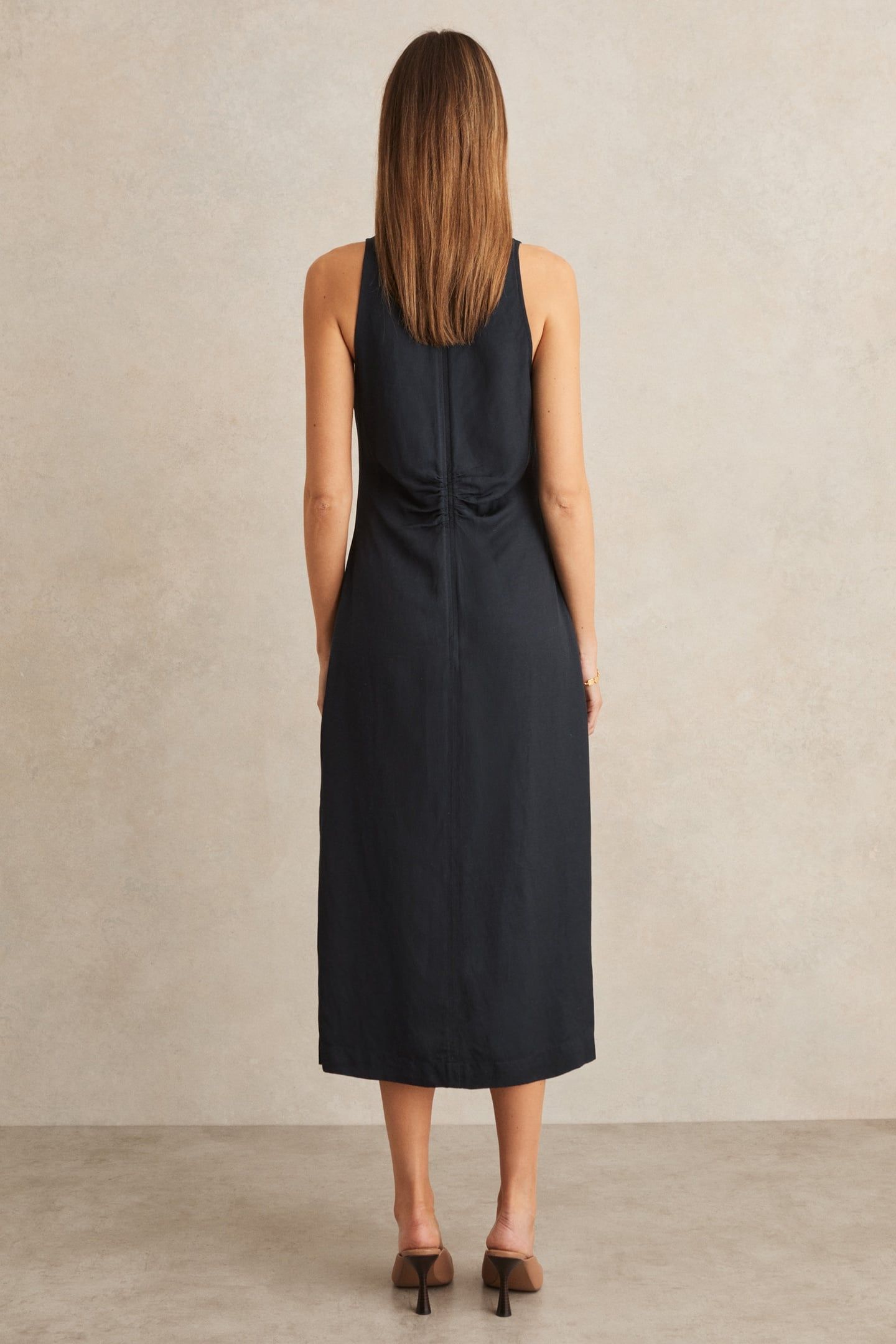 RUCHED LINEN DRESS NAVY 2