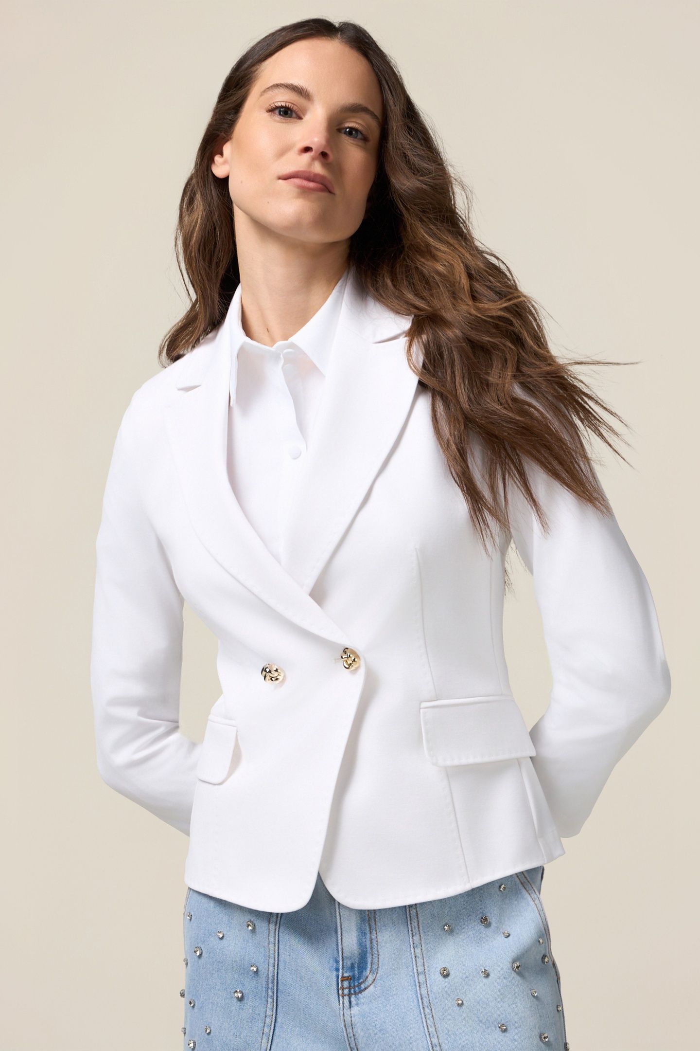 DOUBLE-BREASTED BLAZER IN MILANO STITCH WHITE 1