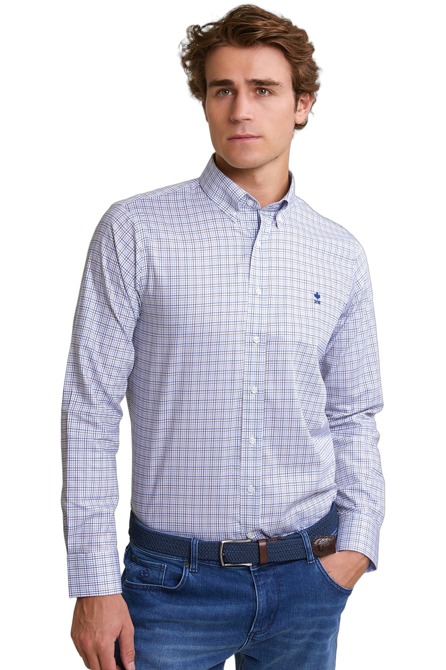 CUSTOM FIT CHECKED SHIRT BLUE/BEIGE 1