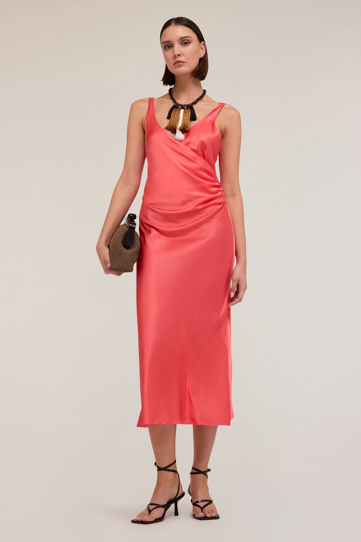 STRETCH SATIN CROSSOVER DRESS PINK 1