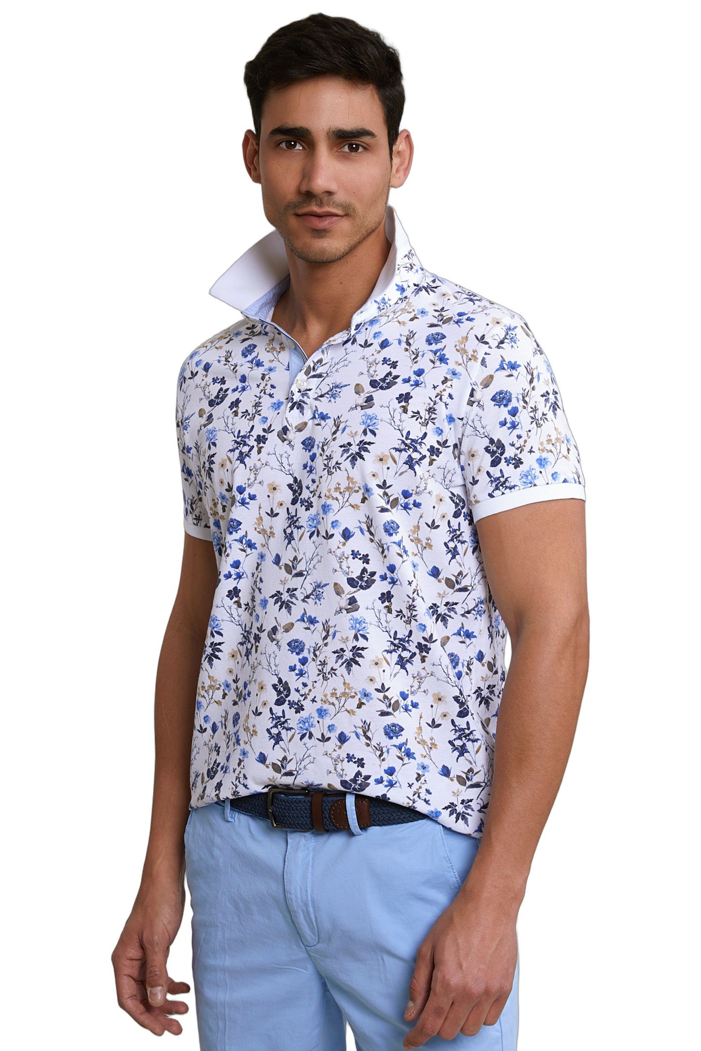 CUSTOM FIT COTTON-LINEN FLORAL POLO WHITE 1