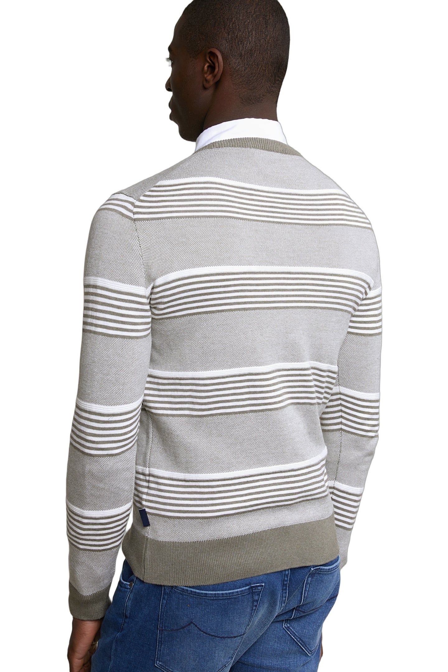 CUSTOM FIT COTTON STRIPED CREW NECK PULLOVER LT SAFARI GREEN 4