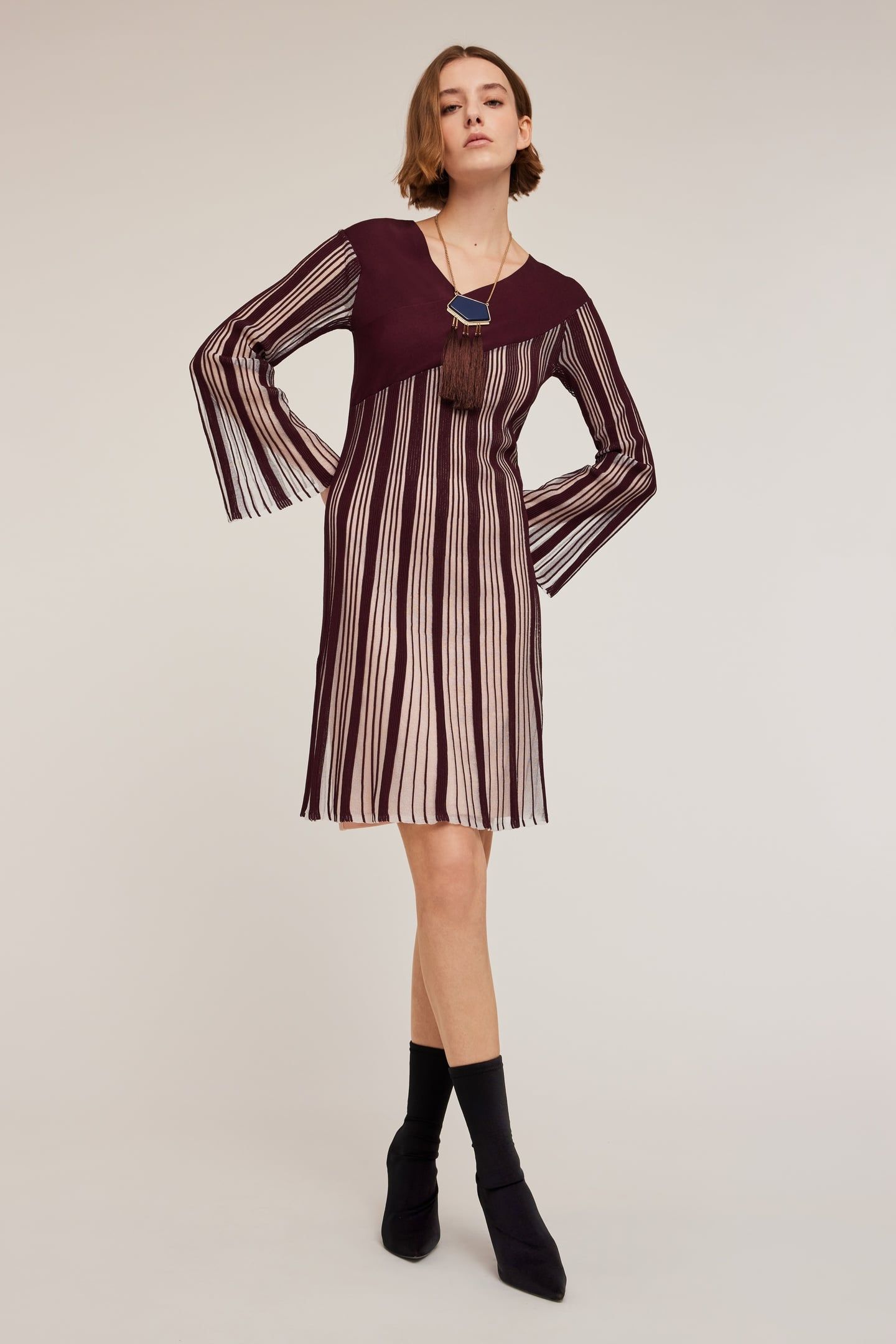 PLEATED EFFECT LUREX KNIT STRIPED DRESS BURGUNDY 1