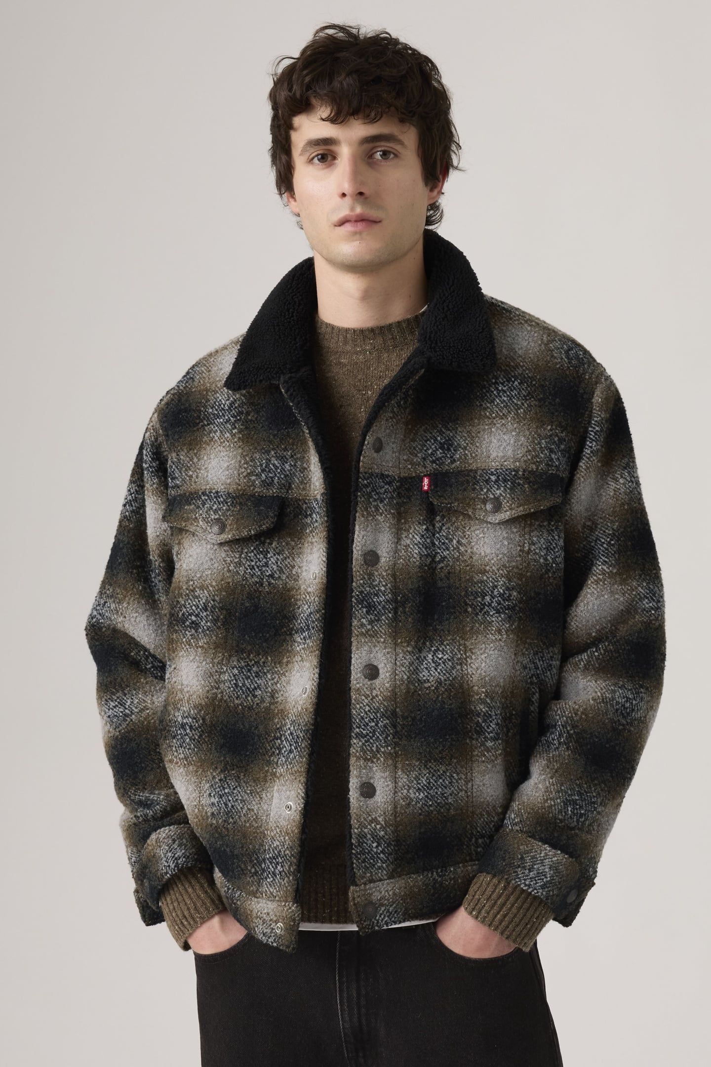 RELAXED FIT PLAID SHERPA TRUCKER JACKET 1