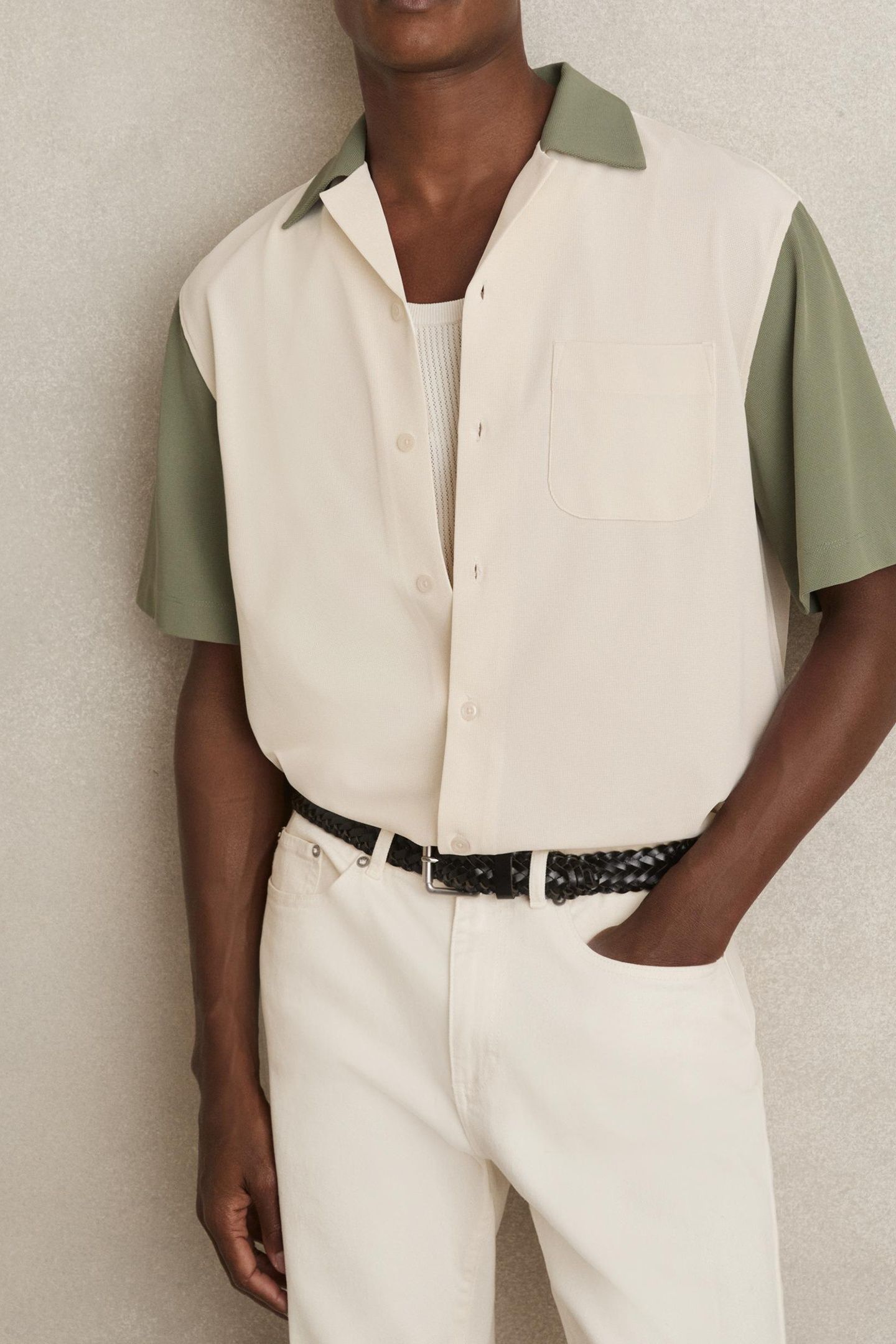 SS TEXTURED COLOUR BLOCK CUBAN SHIRT OFF WHITE/SAGE 1