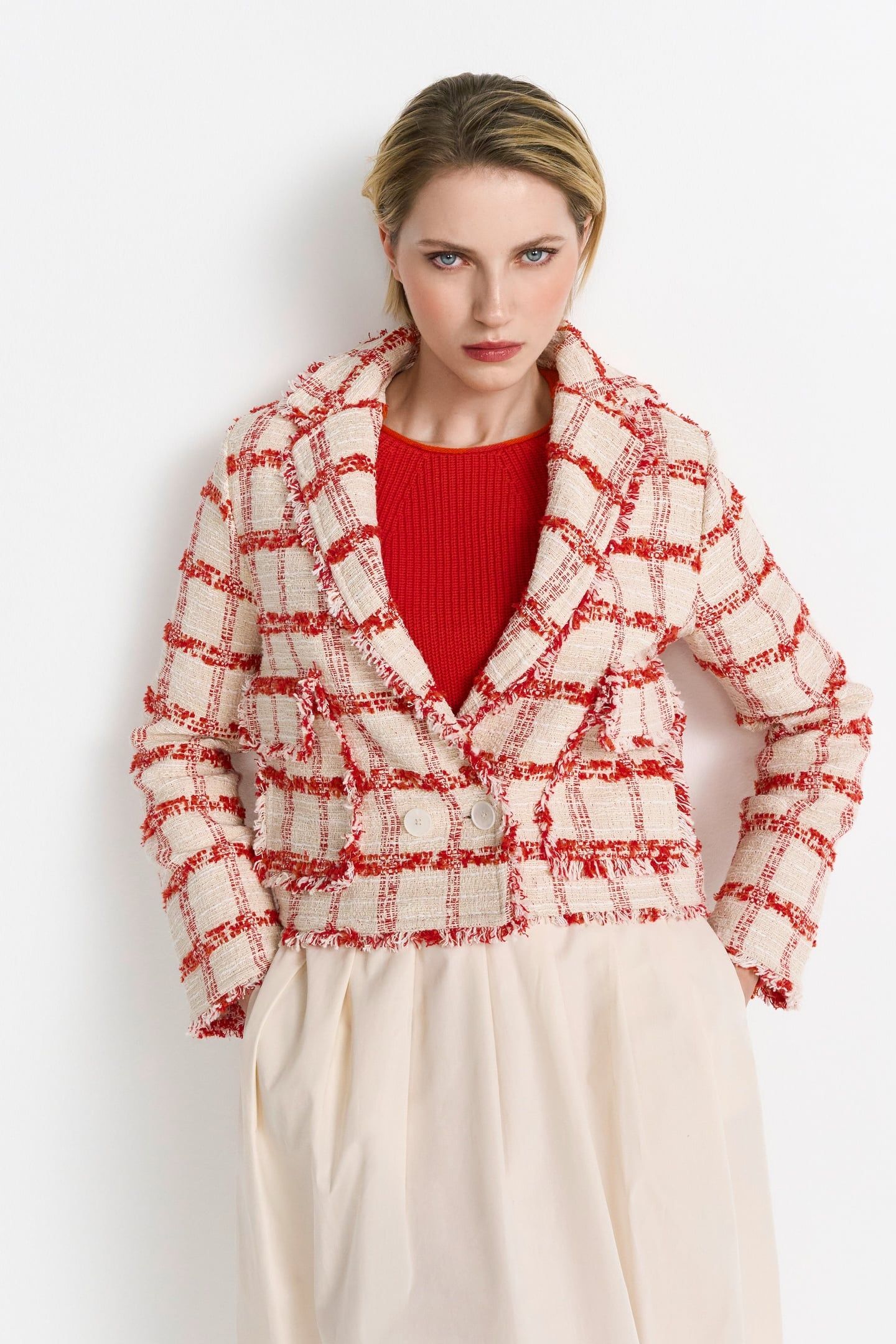 SHORT CHECKED BOUCLE JACKET SUNSET RED 2