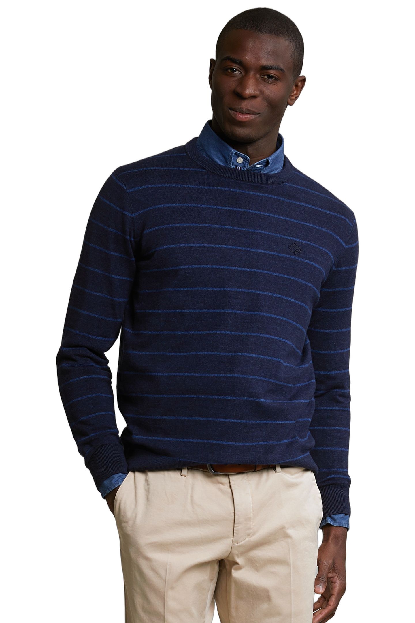 CUSTOM FIT STRIPED COTTON CREW NECK SWEATER NAVY MIX 2