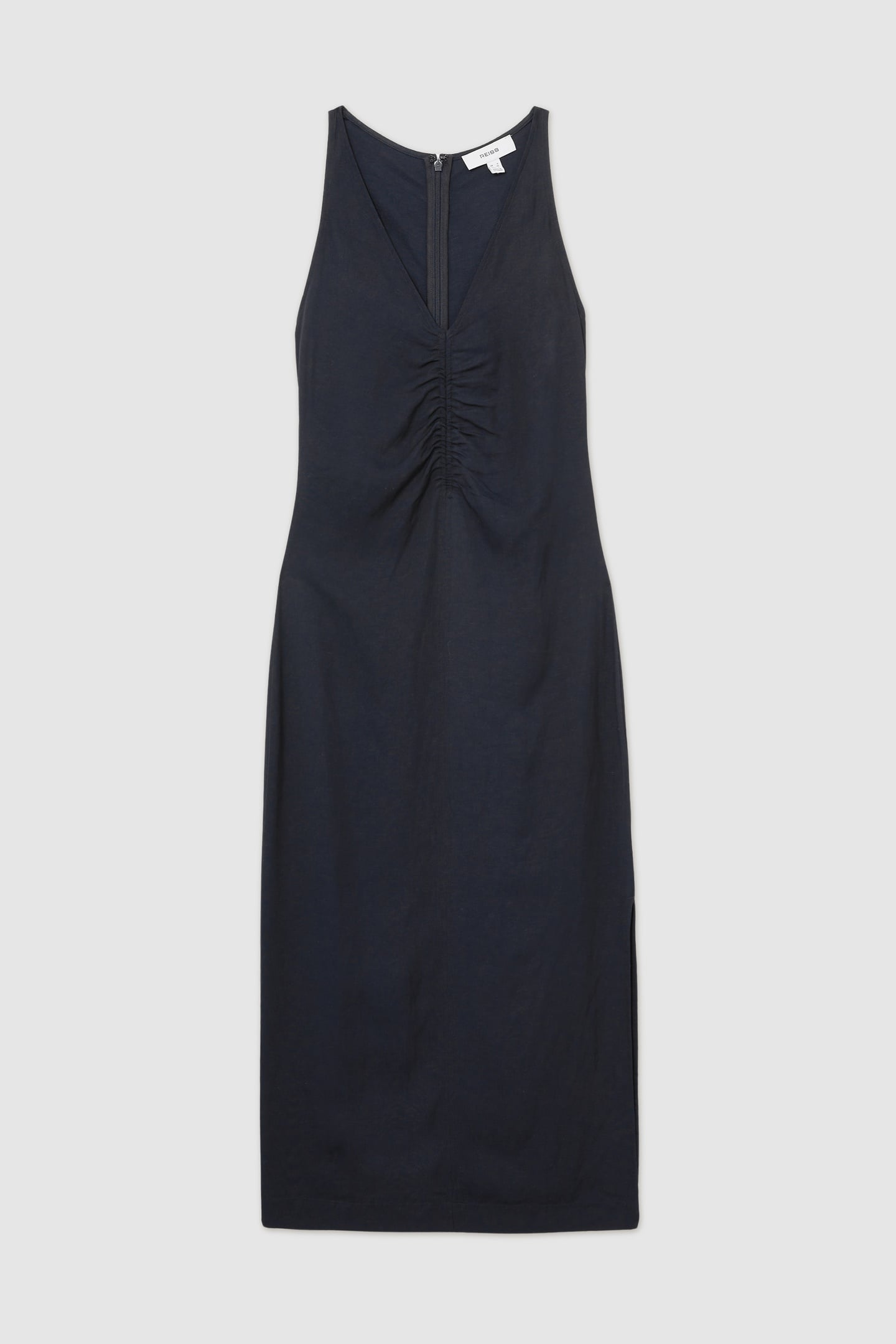 RUCHED LINEN DRESS NAVY 3
