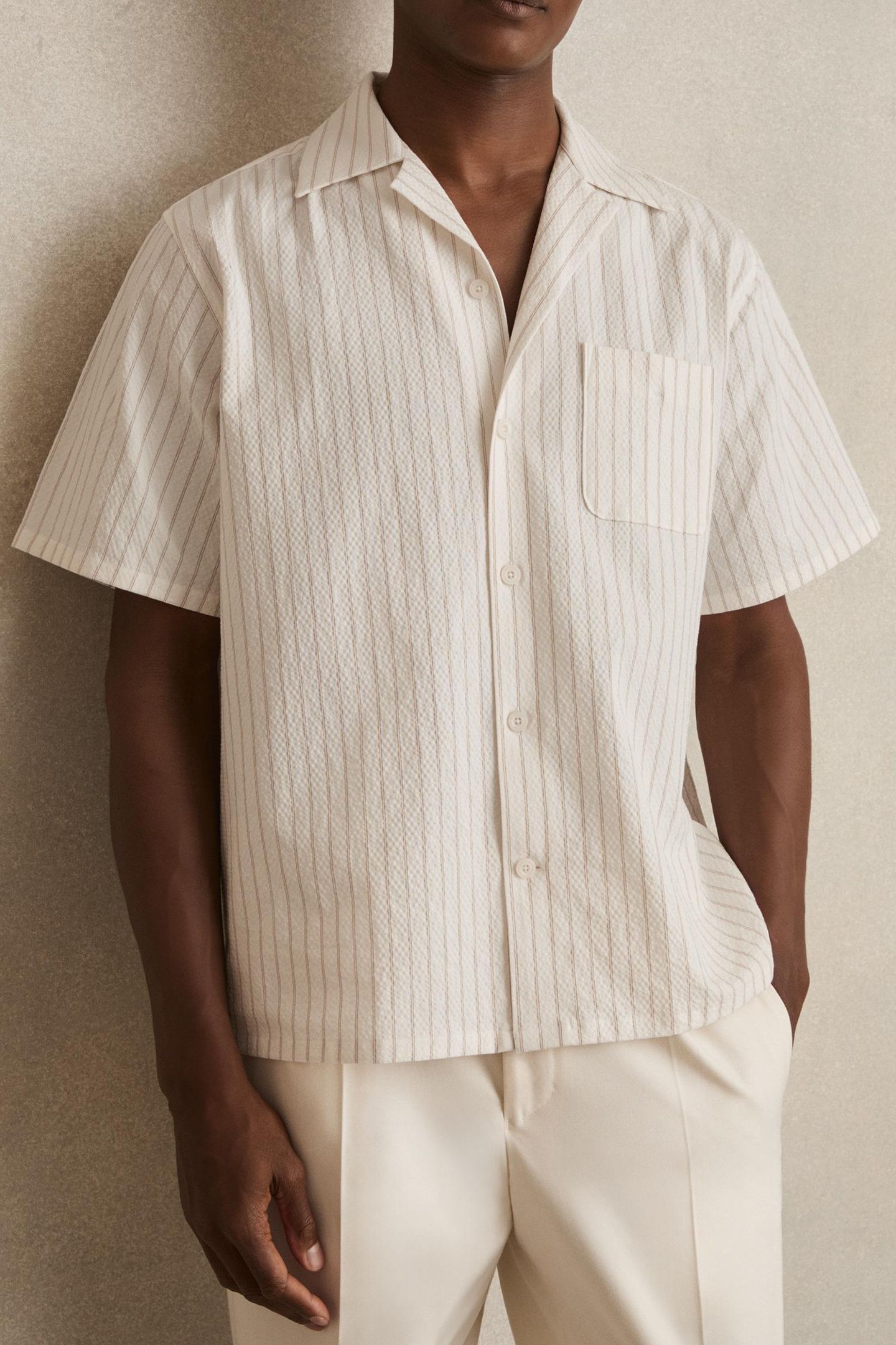 SS SEERSUCKER STRIPE CUBAN SHIRT WHITE TAUPE BROWN 1