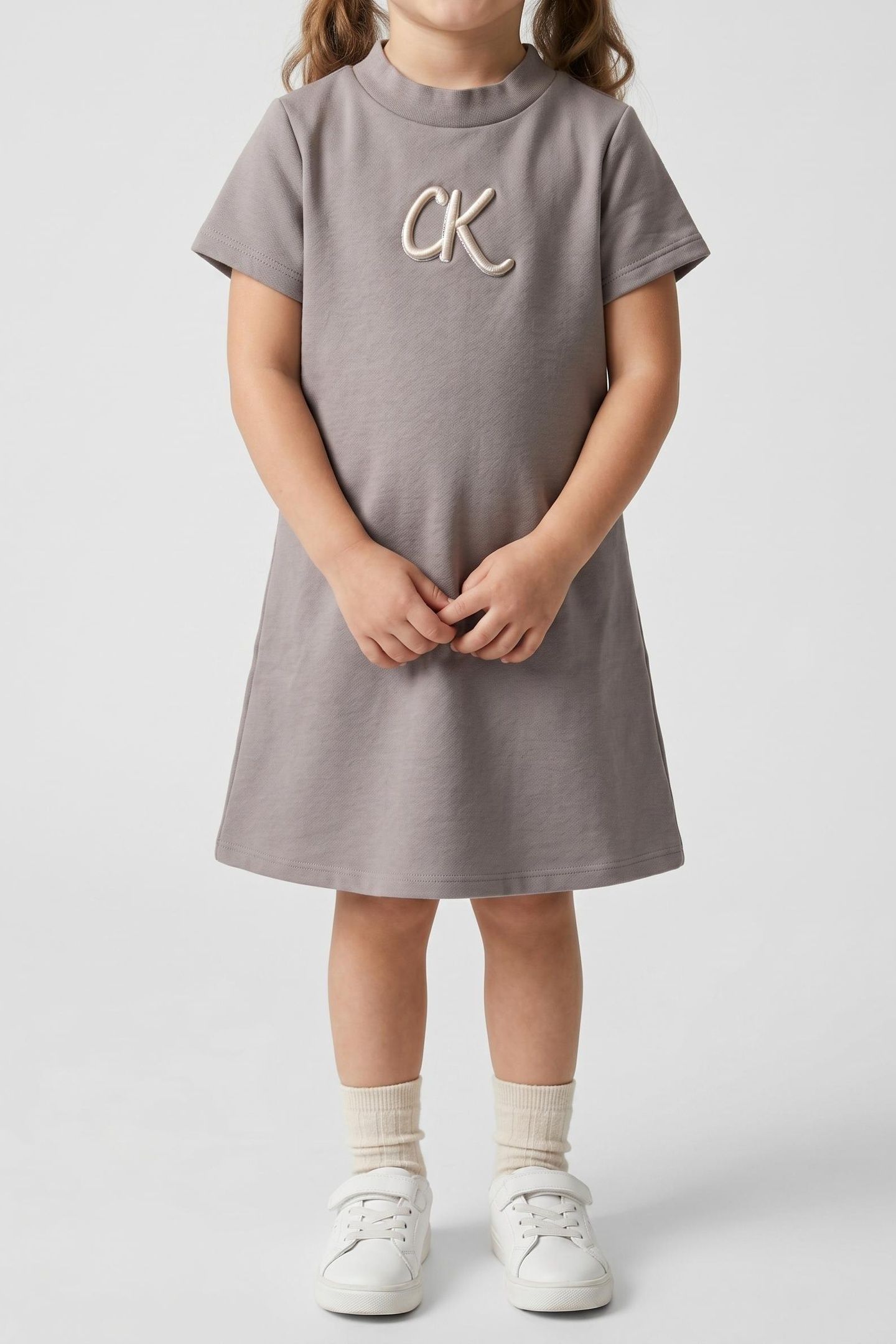 GIRLS METALLIC PRINT LS DRESS MOURNING DOVE 1