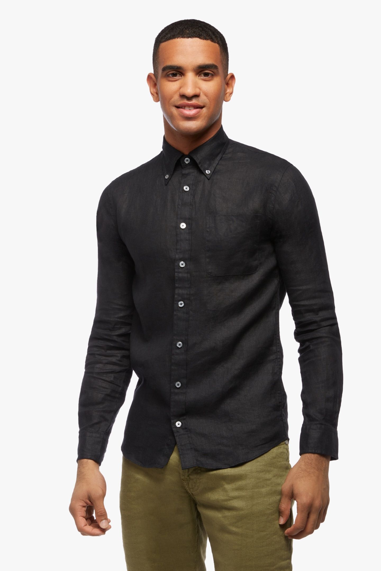 SLIM FIT LINEN SHIRT WITH BUTTON DOWN COLLAR BLACK 1