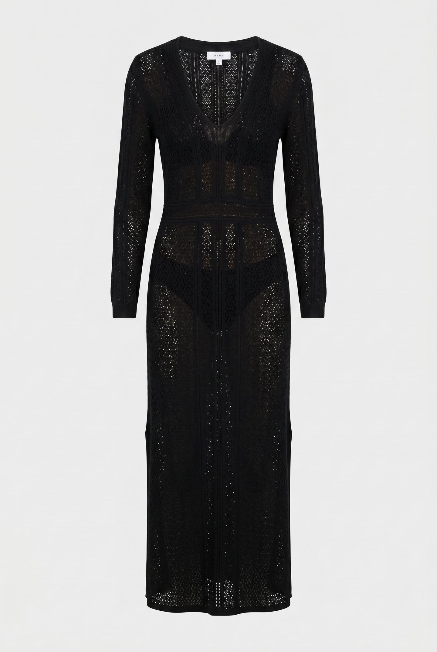 V-NECK KNITTED CROCHET DRESS BLACK 3