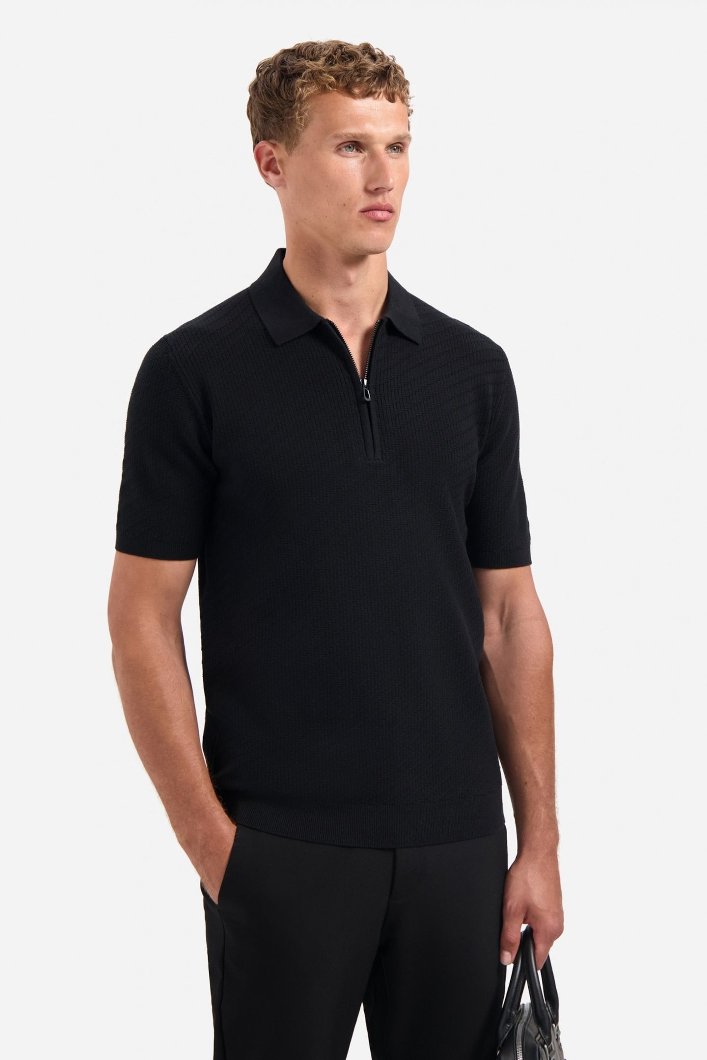 PULLOVER SHORT SLEEVE POLO ZIP SOLID JACQUARD BLACK 2