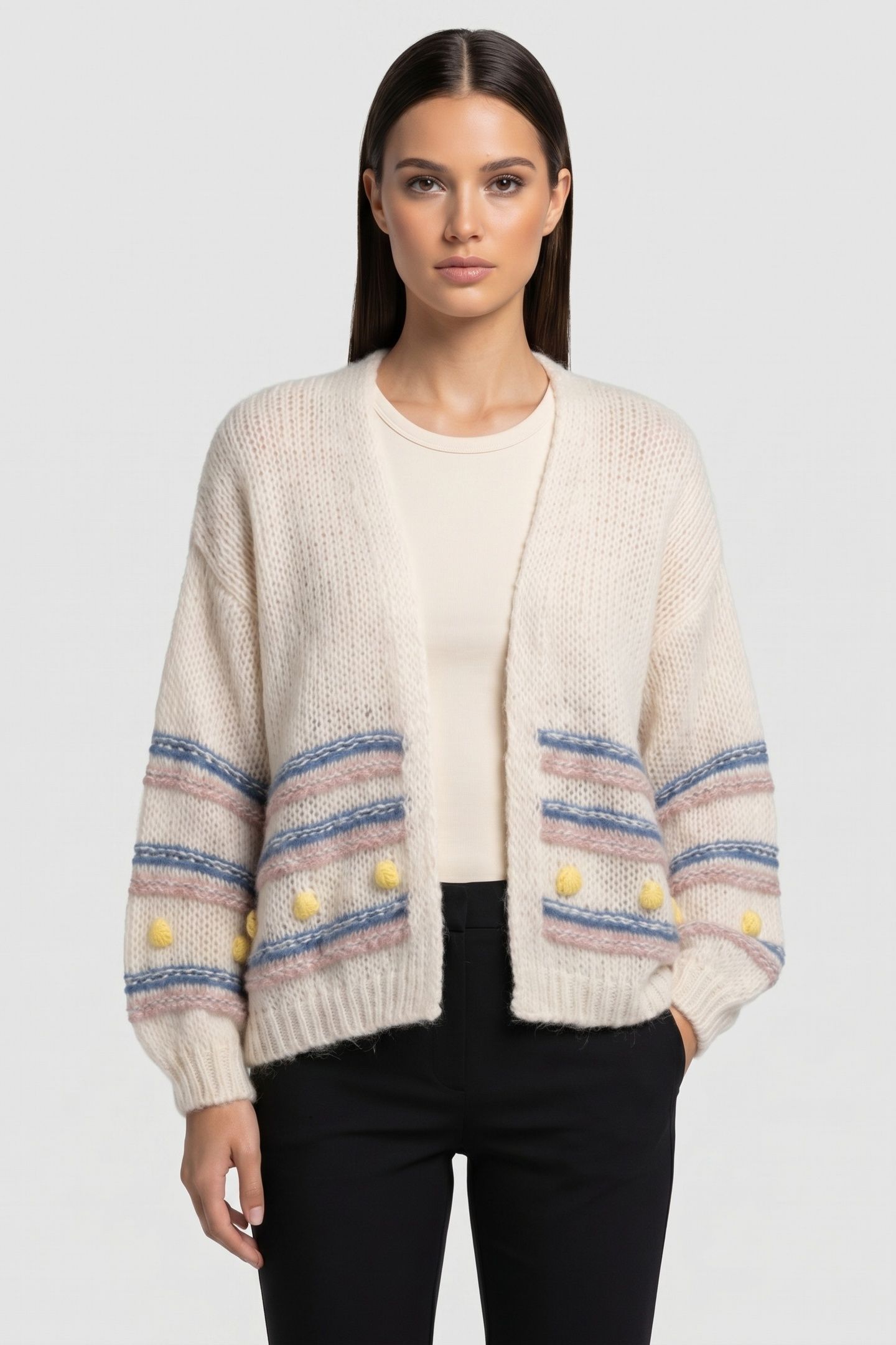 MULTICOLOURED STRIPE CARDIGAN WITH POMPOMS PEARL WHITE 2