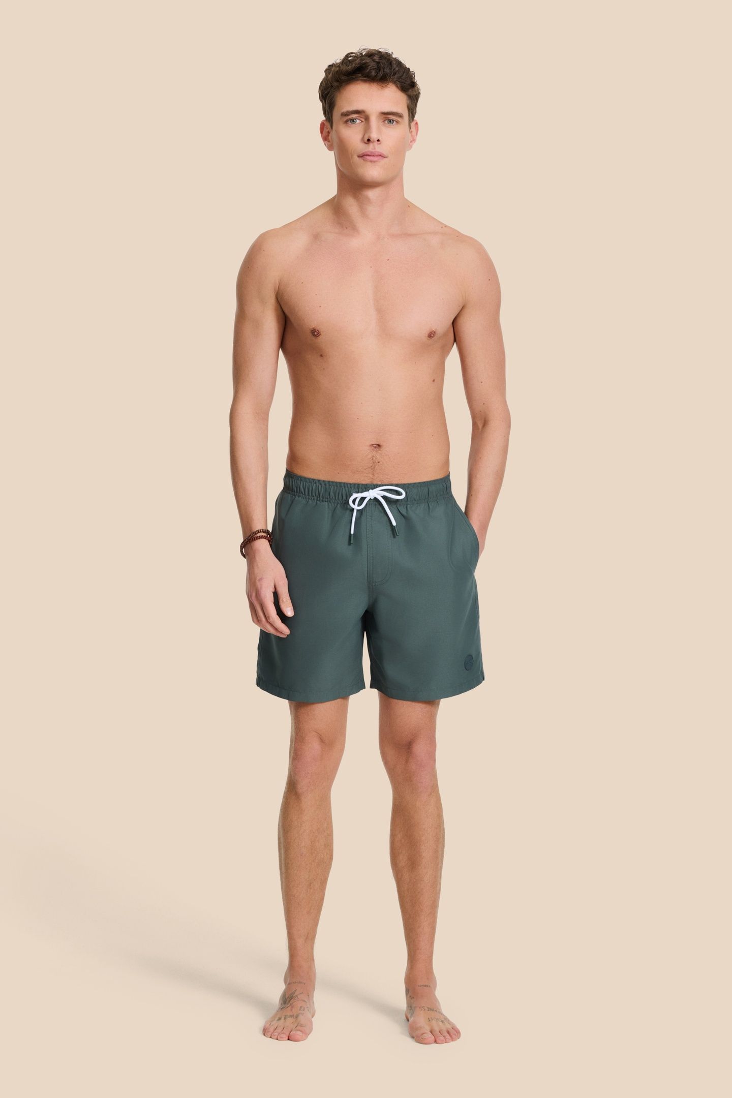 MEN MIKE SWIM SHORTS 7 INCH SOLID GREEN SMOKEY 1