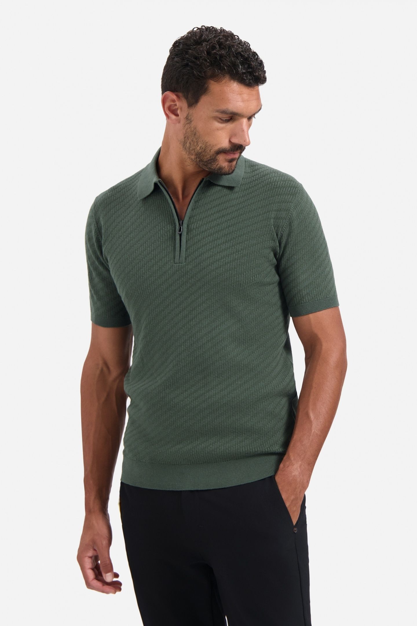 PULLOVER SHORT SLEEVE POLO ZIP SOLID JACQUARD DARK GREEN 3