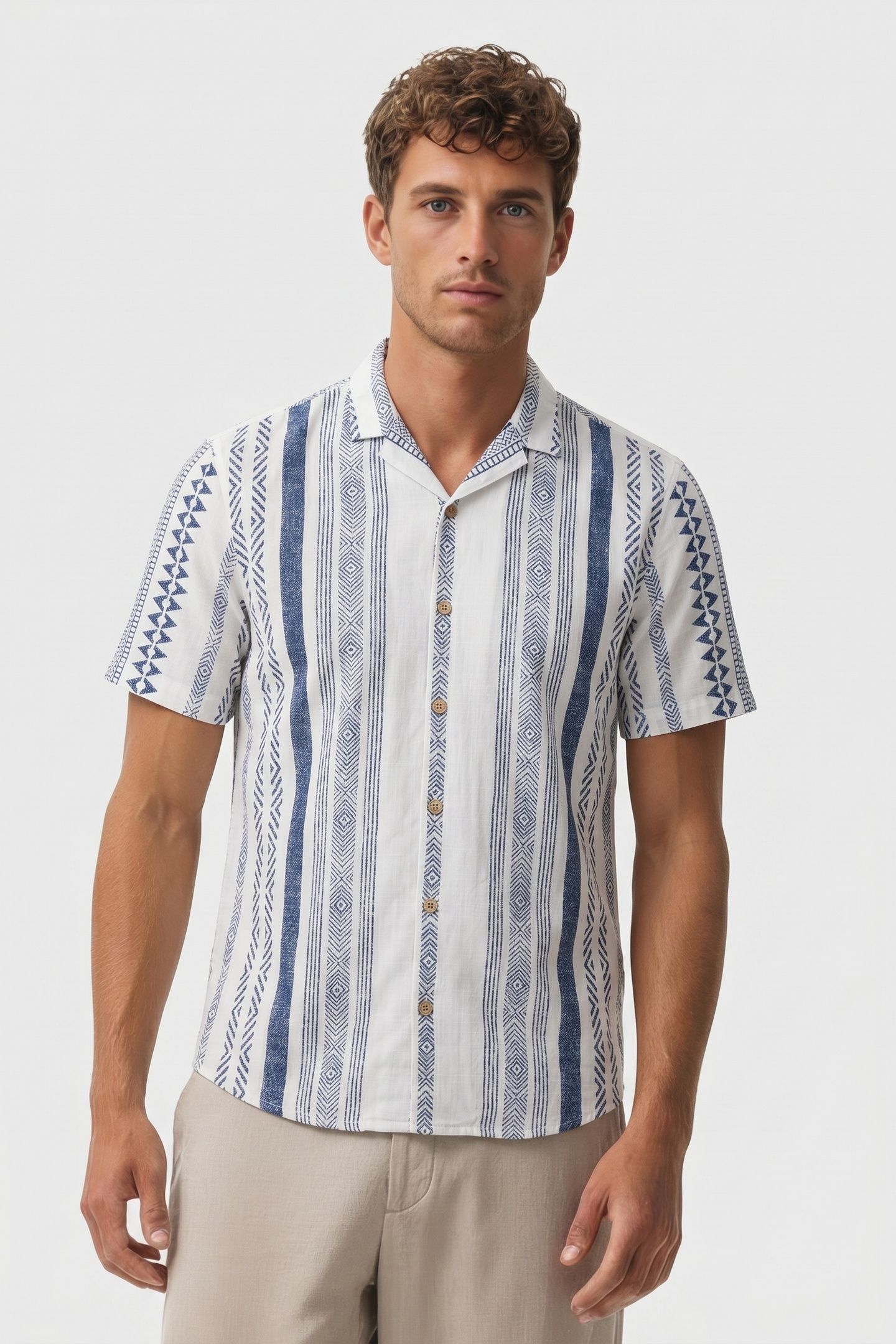 SHIRT SHORT SLEEVE REVERS COLLAR SLUB ALLOVER PRINTED INDIGO 1