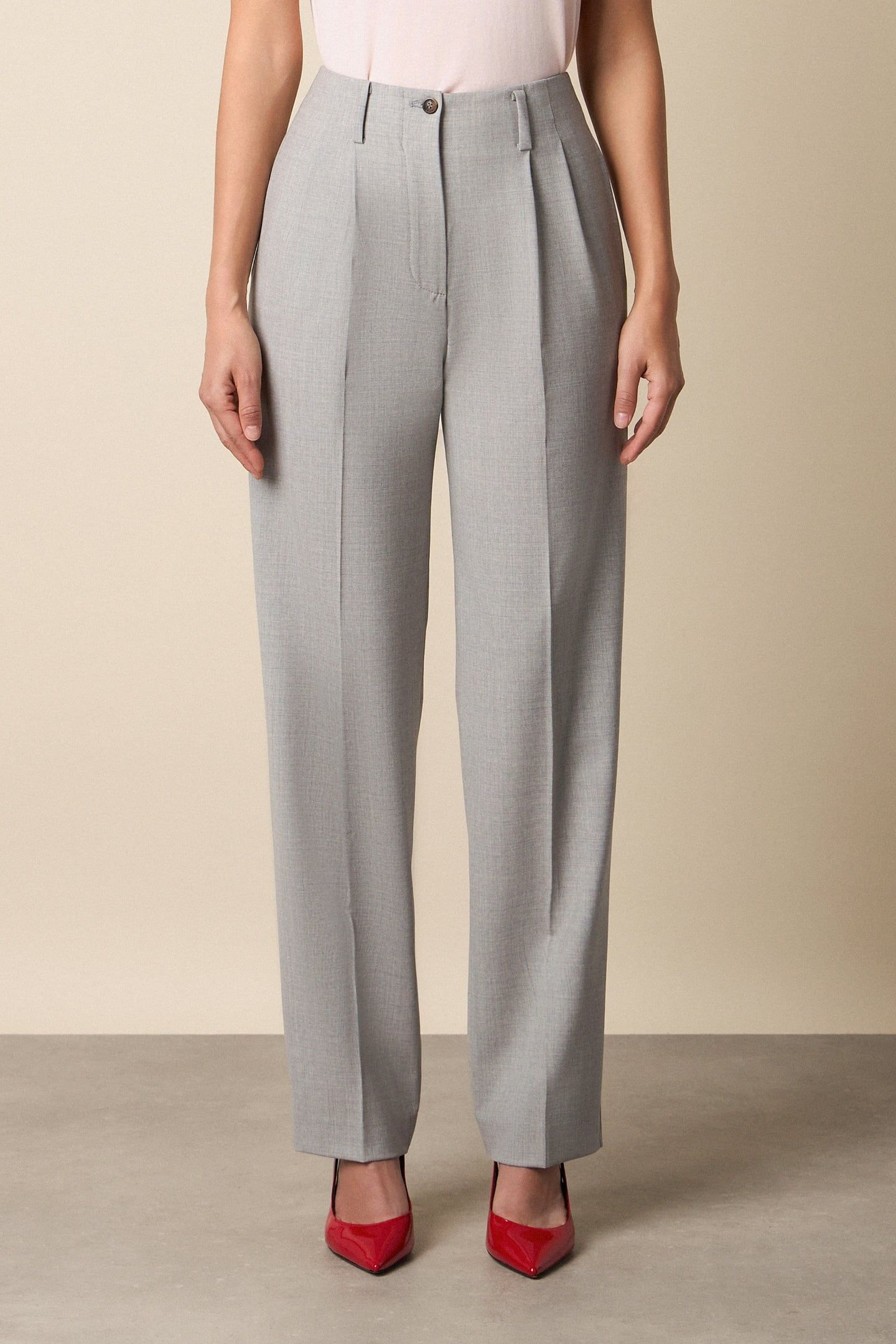 WOOL BLEND STRETCH PLEATED TROUSERS LIGHT GREY 1