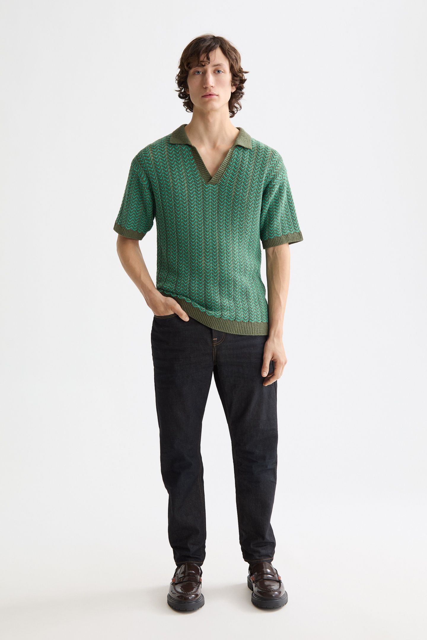 OPEN STRUCTURED KNITTED V-NECK POLO THYME 3