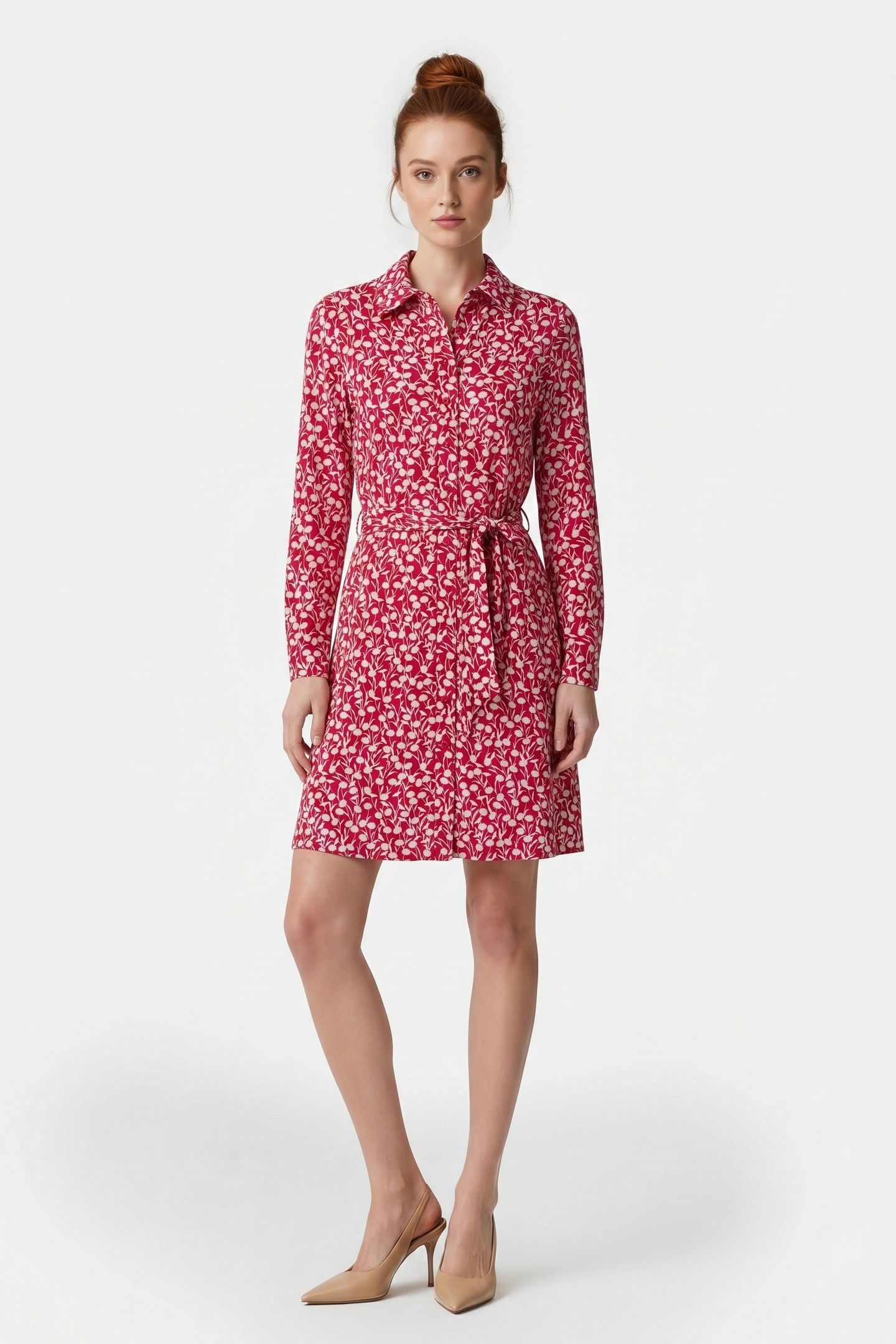 KNIT BELTED SHIRT DRESS RED 1