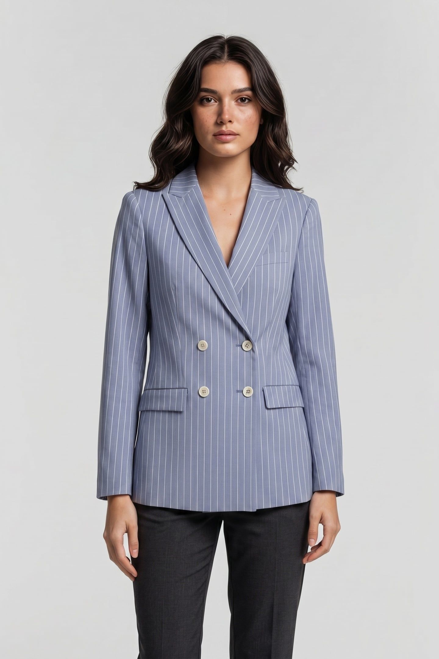 PINSTRIPE LINEN BLEND DOUBLE-BREASTED BLAZER LIGHT BLUE 1