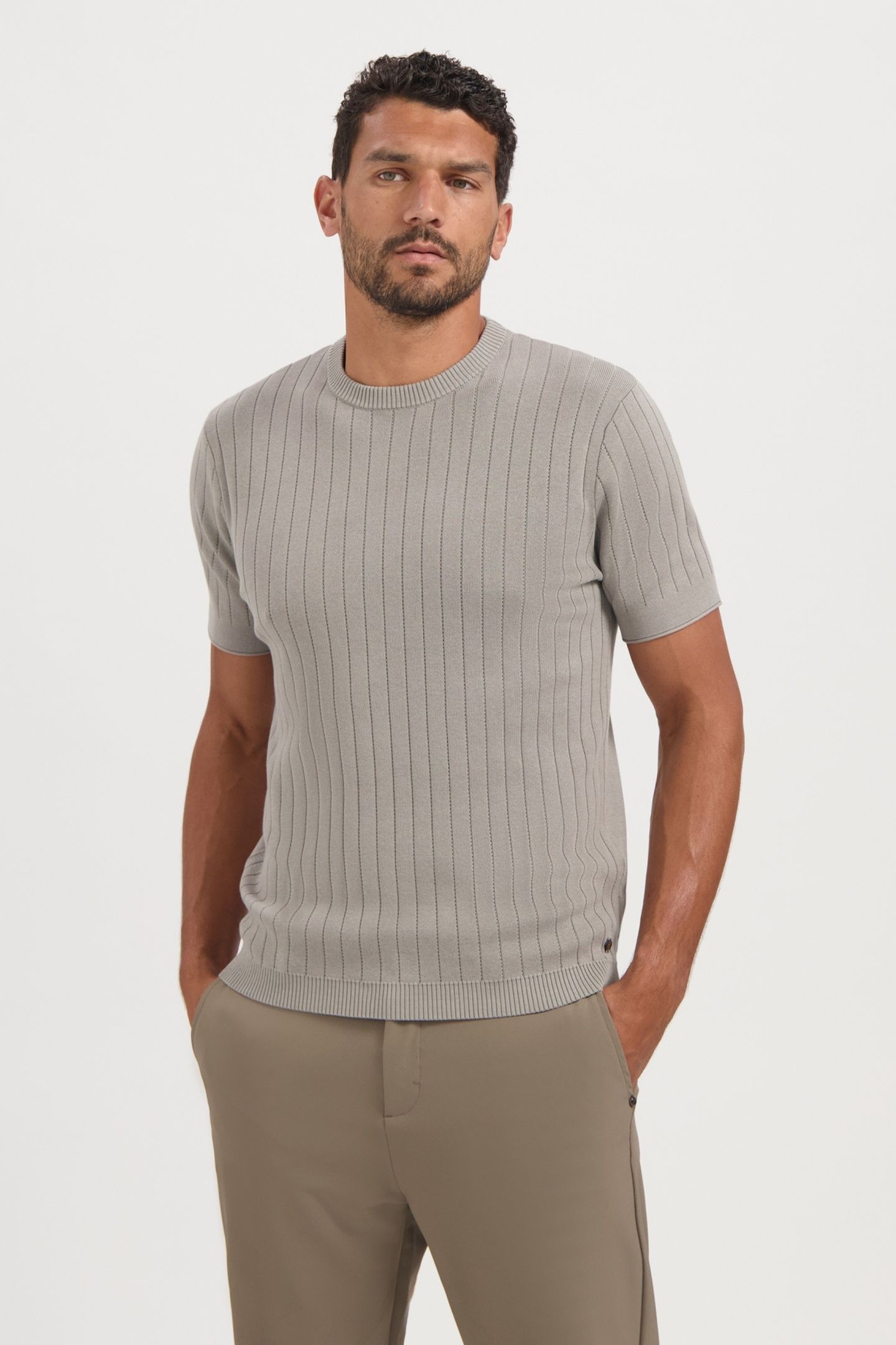 PULLOVER SHORT SLEEVE CREWNECK SOLID DROPNEEDLE STRIPE CLAY 2