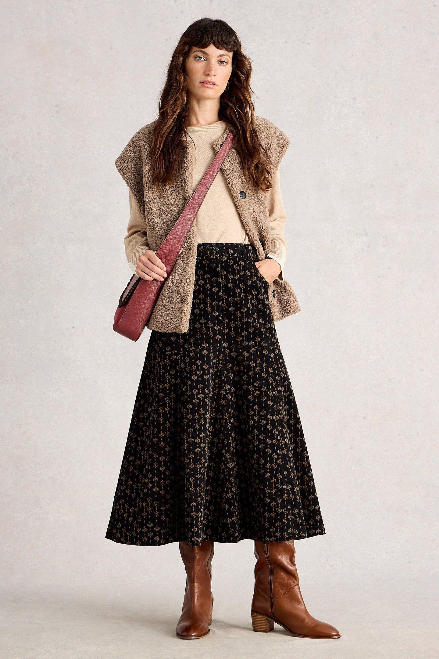 QUINN CORD MIDI SKIRT BLACK MULTI 1