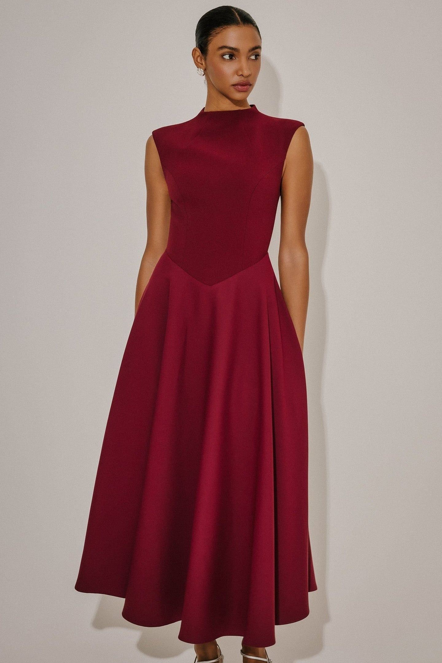 HIGH WAIST MIDI DRESS BORDEAUX 1