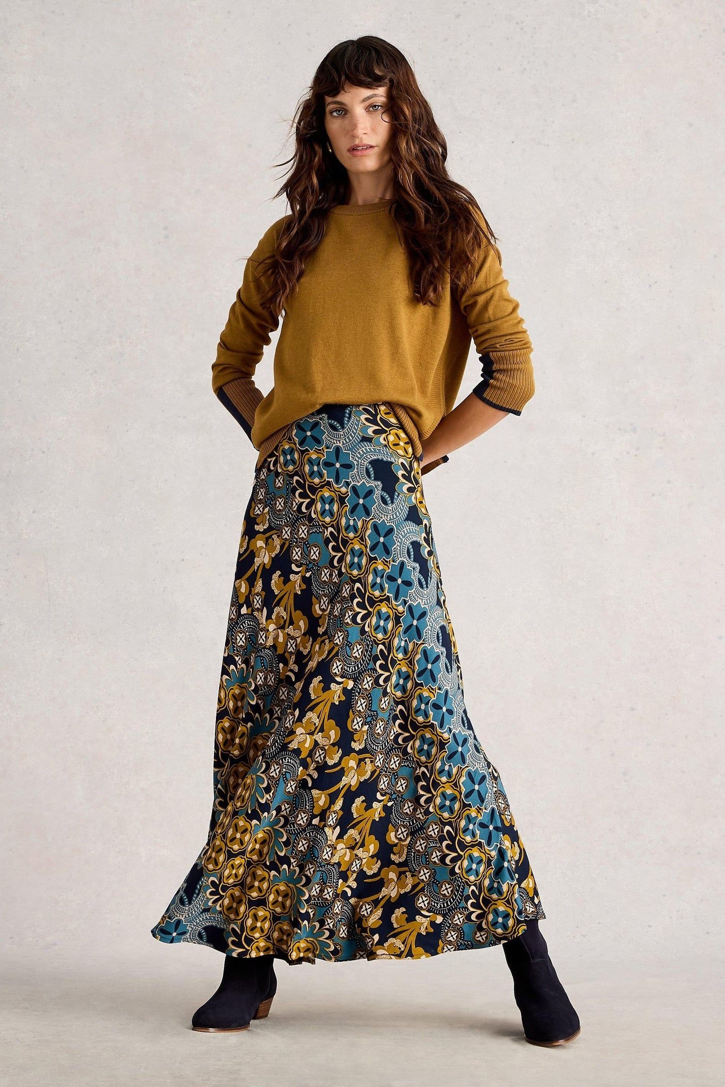 HOPE BIAS CUT MAXI SKIRT NAVY MULTI 1