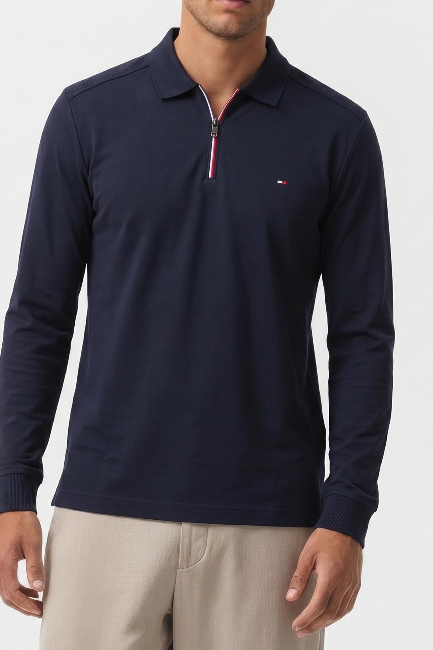 FLUID COTTON FLAG EMBROIDERY ZIP POLO SHIRT DESERT SKY 1