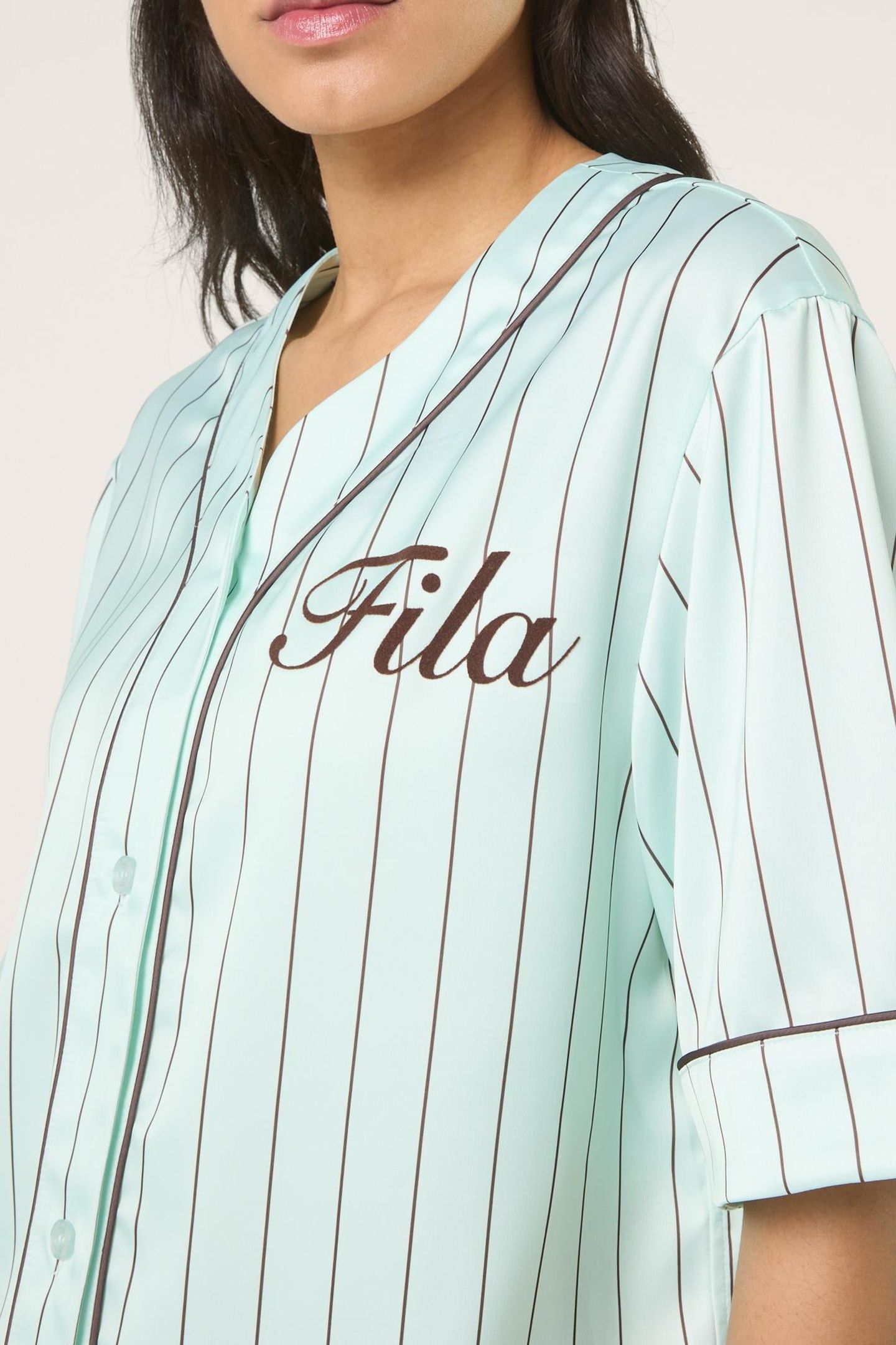 FIESOLE BOXY PINSTRIPED SATIN BASEBALL SHIRT SOOTHING SEA / 6