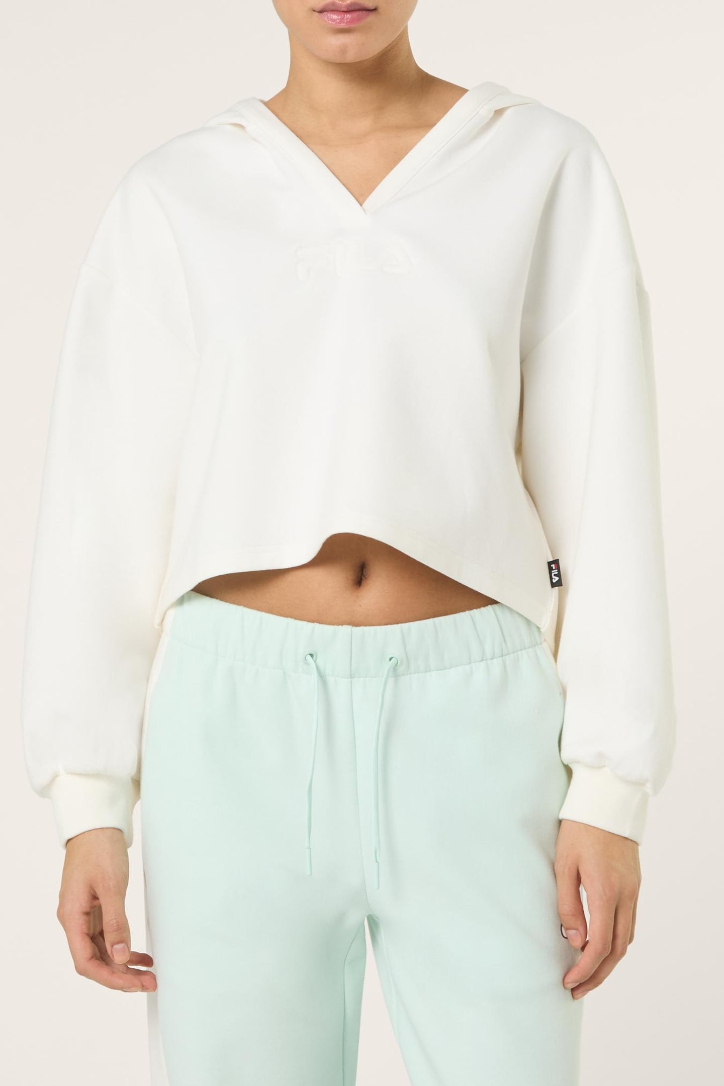 MEZZANA LOOSE CROPPED V-NECK SCUBA HOODIE EGRET 1