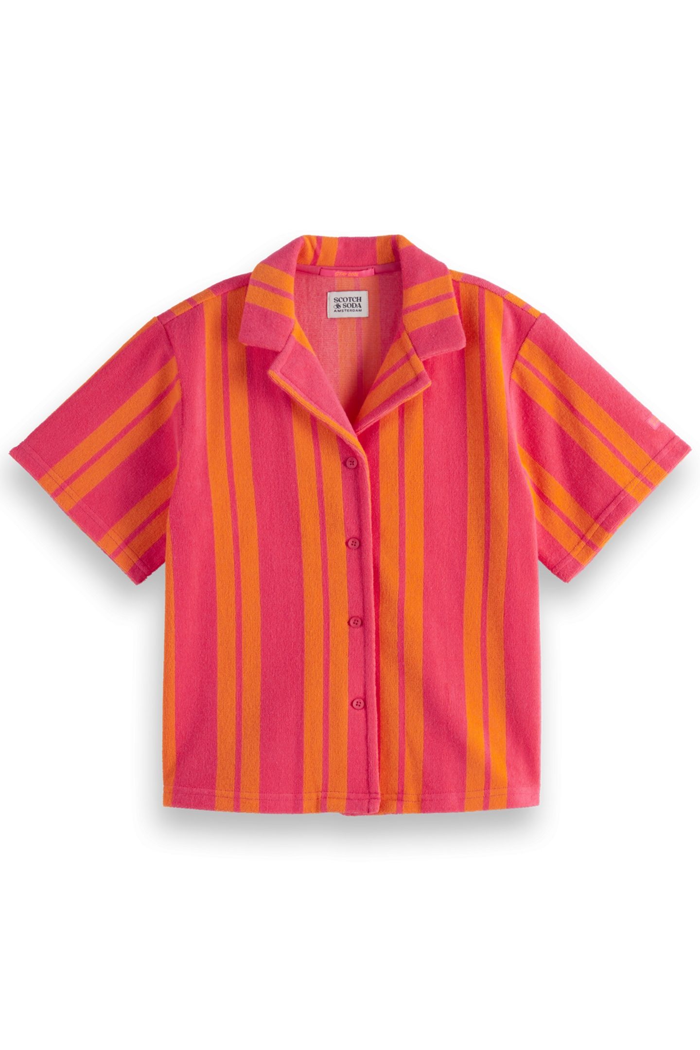GIRL SHORT-SLEEVED TOWELLING CAMP SHIRT ELECTRIC PINK/ ORANG 1