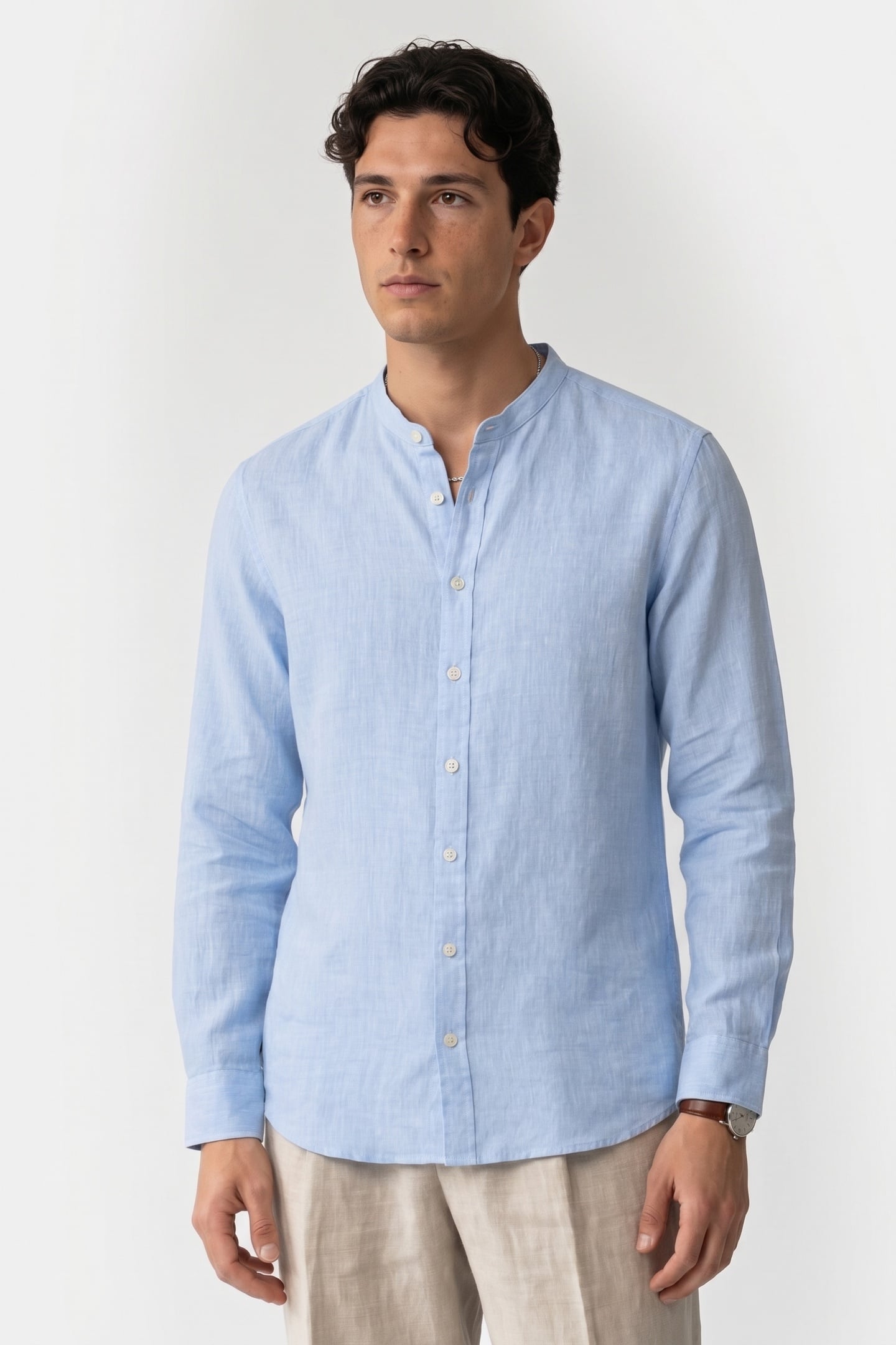 STAND COLLAR SHIRT LINEN LIGHT BLUE 1