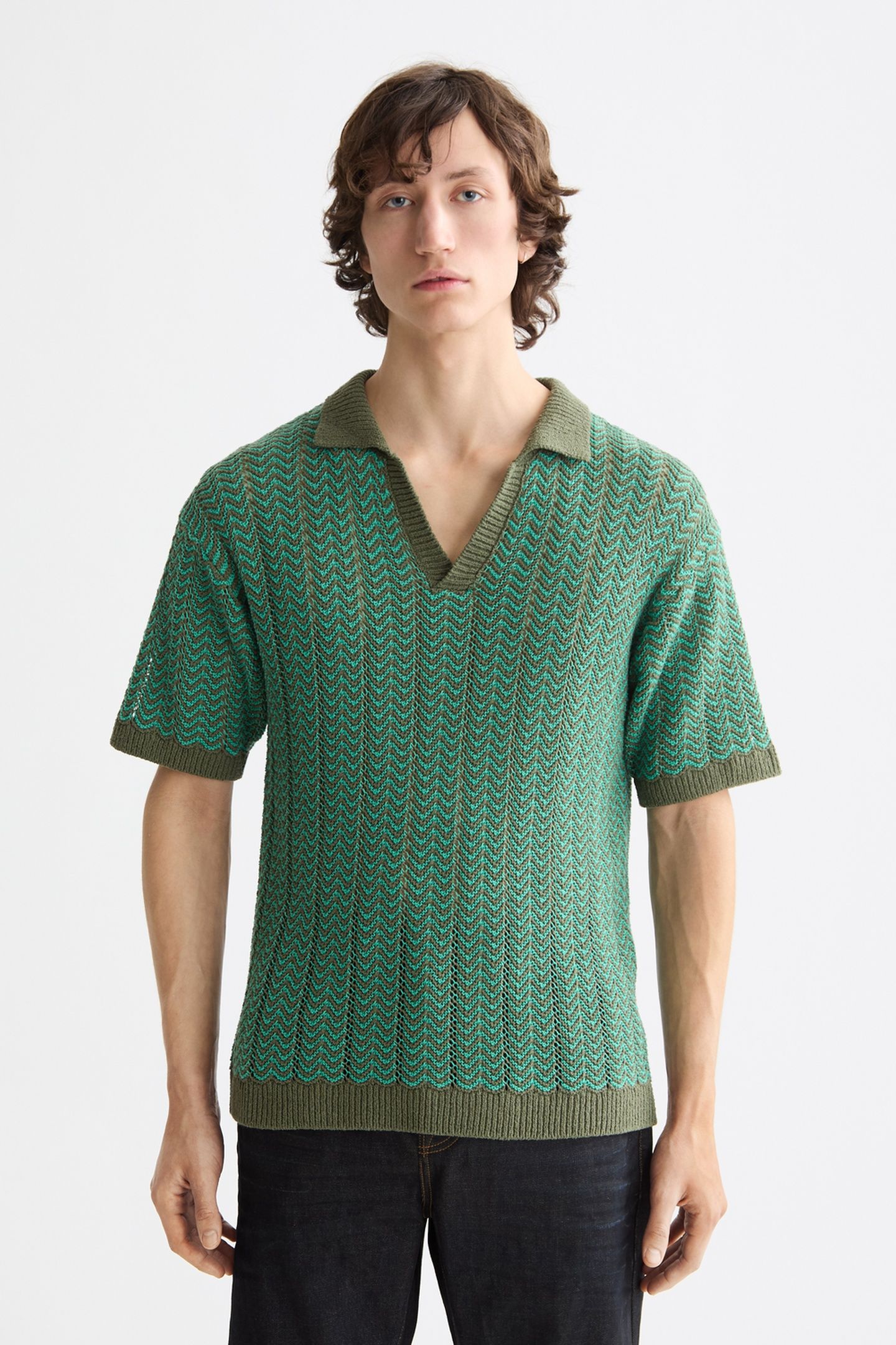 OPEN STRUCTURED KNITTED V-NECK POLO THYME 1