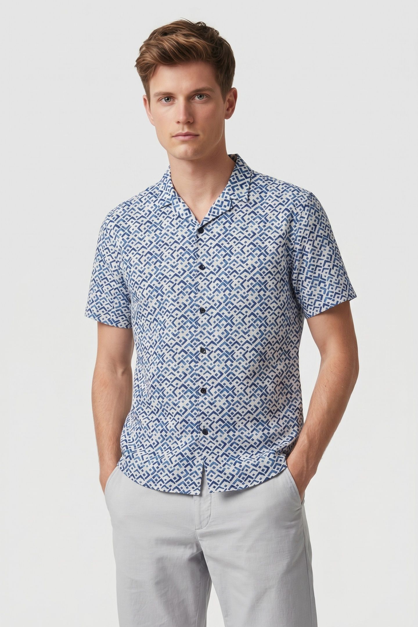 SHIRT SHORT SLEEVE REVERS COLLAR SLUB ALLOVER PRINTED INDIGO 1