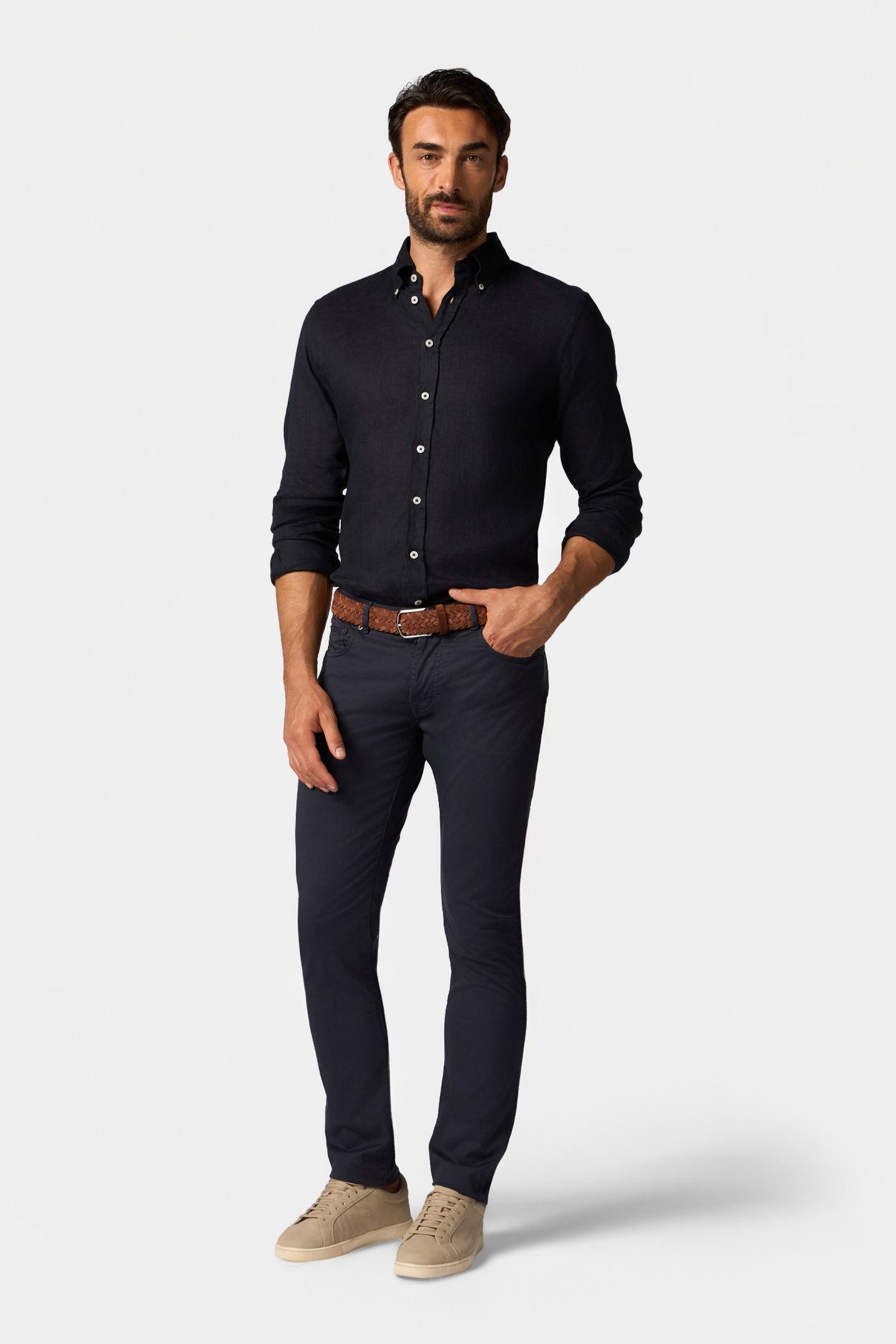 SLIM FIT LINEN BUTTON DOWN SHIRT NAVY 2