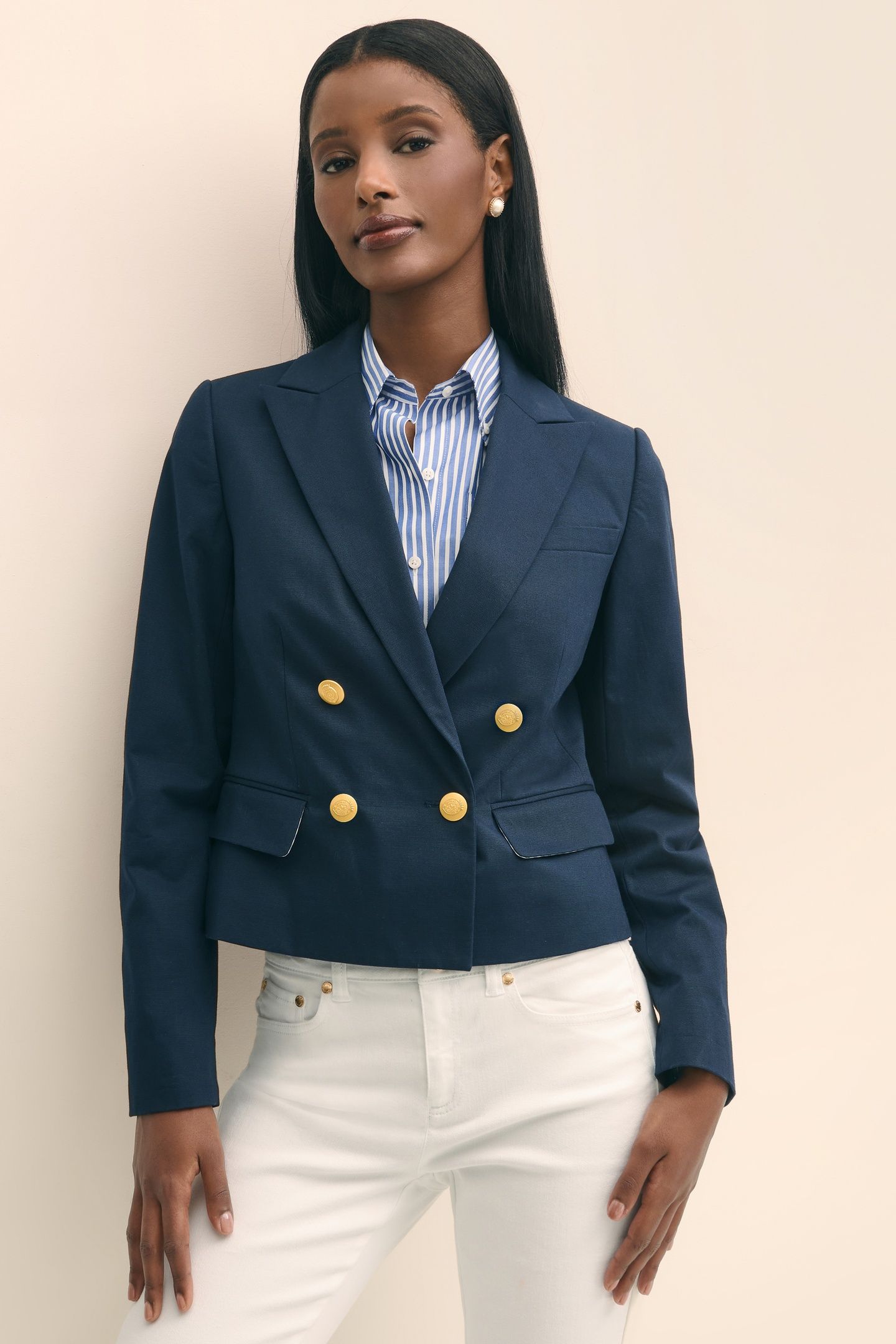 CROPPED DOUBLE-BREASTED FAILLE BLAZER NAVY 1