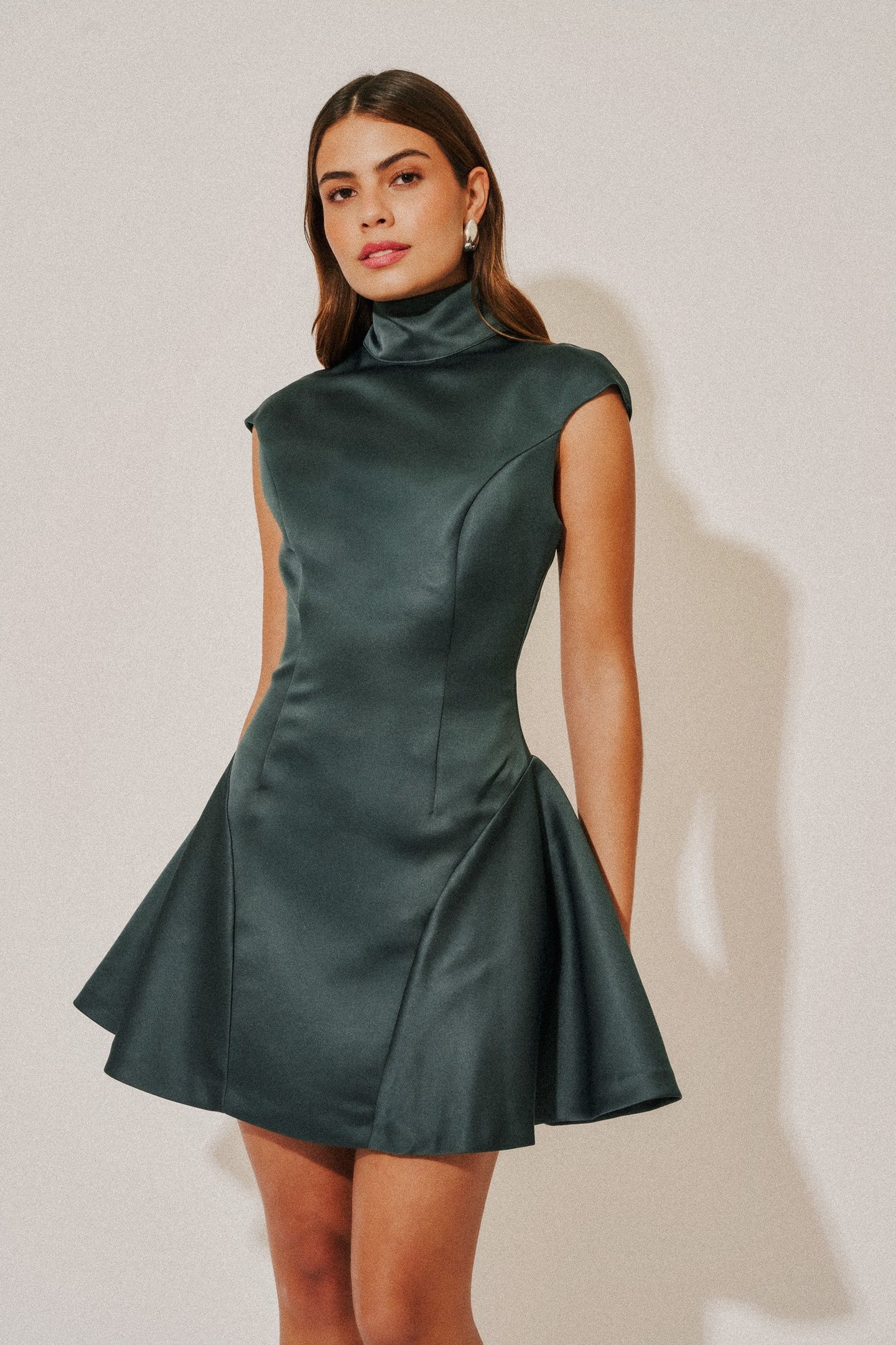 SATIN HIGH NECK MINI DRESS TEAL 1