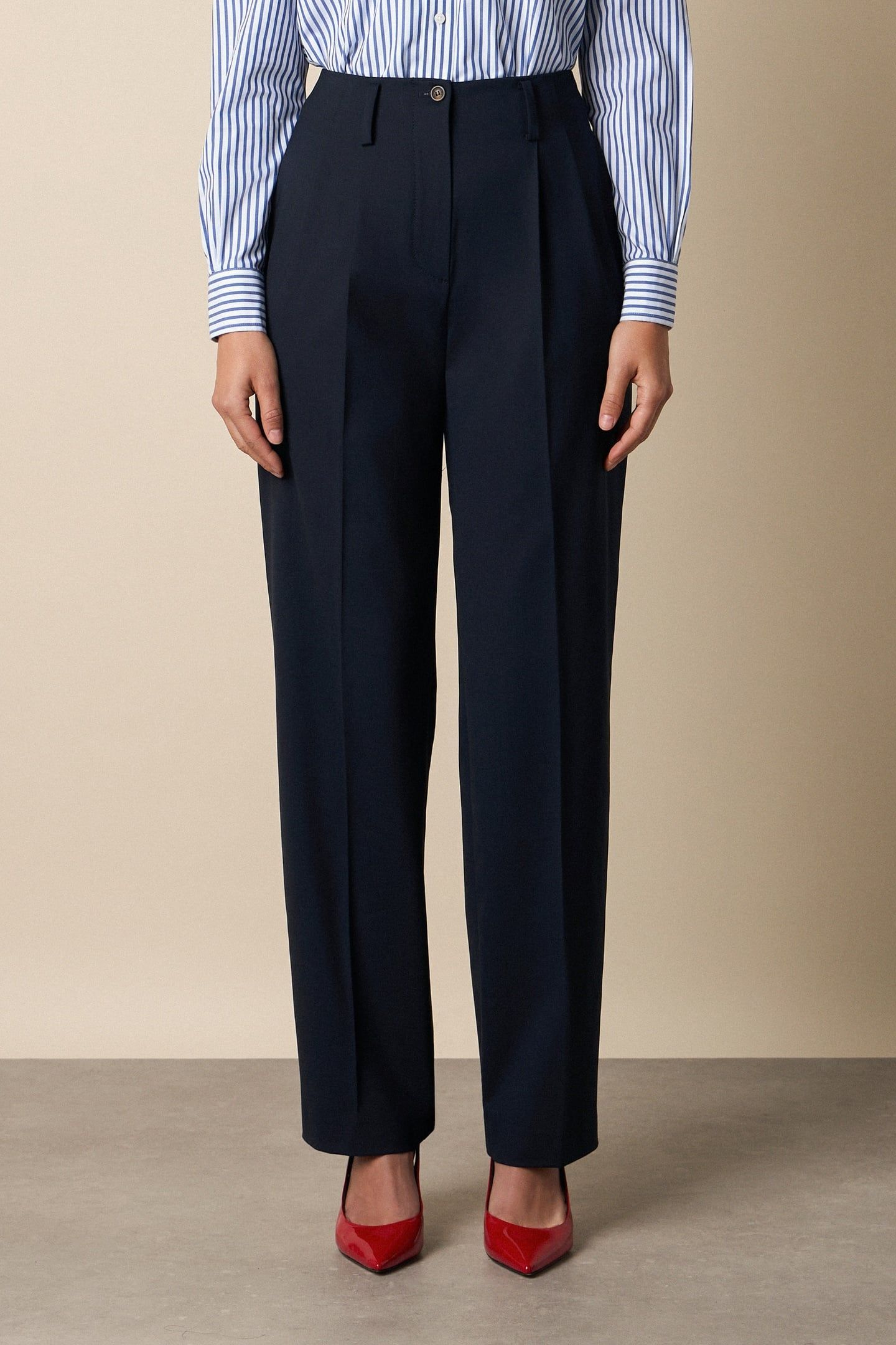 WOOL BLEND STRETCH PLEATED TROUSERS NAVY 1