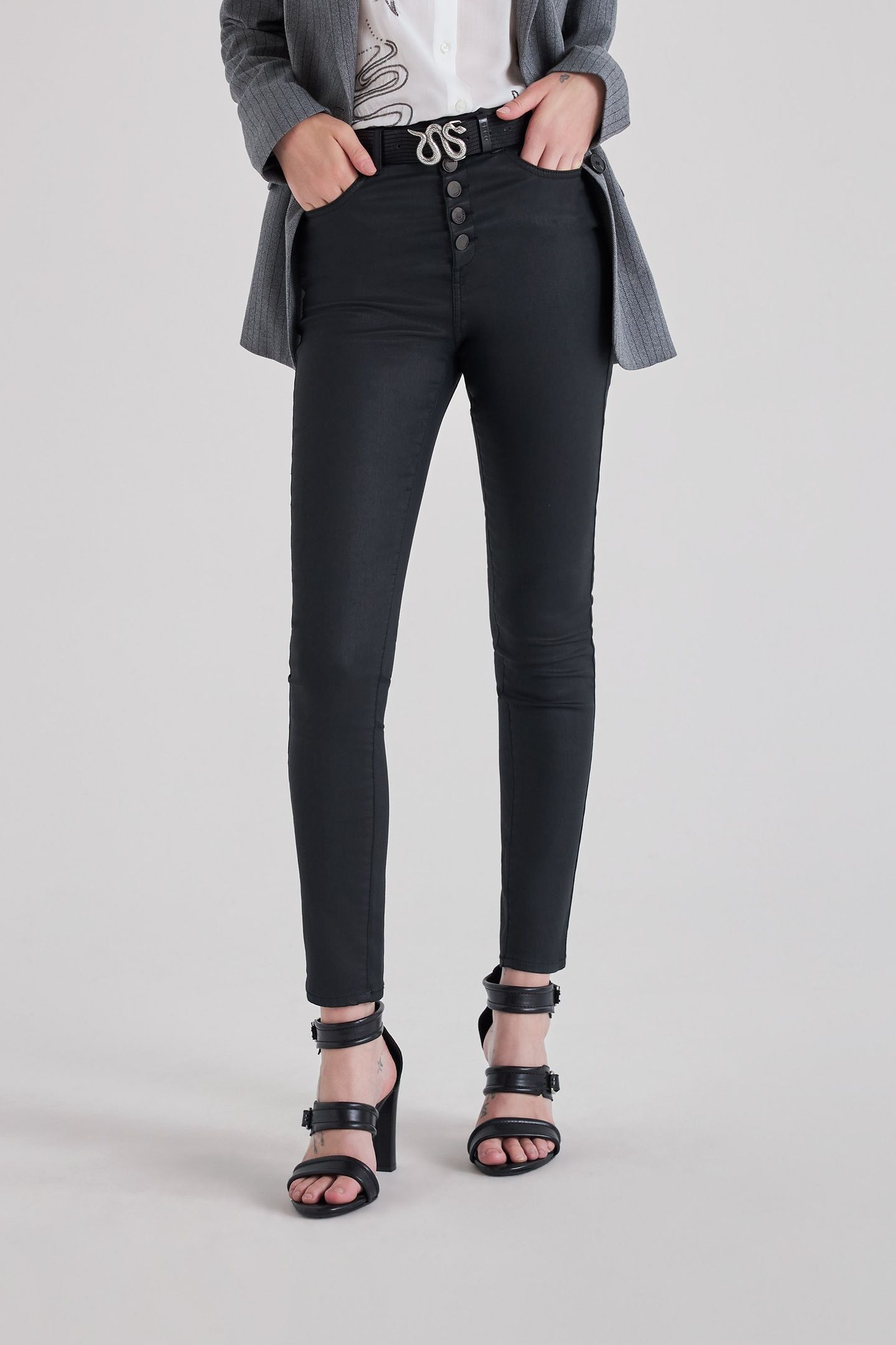 BLACK CROPPED JEANS WITH VISIBLE POWERSTRETCH BUTTONS 1