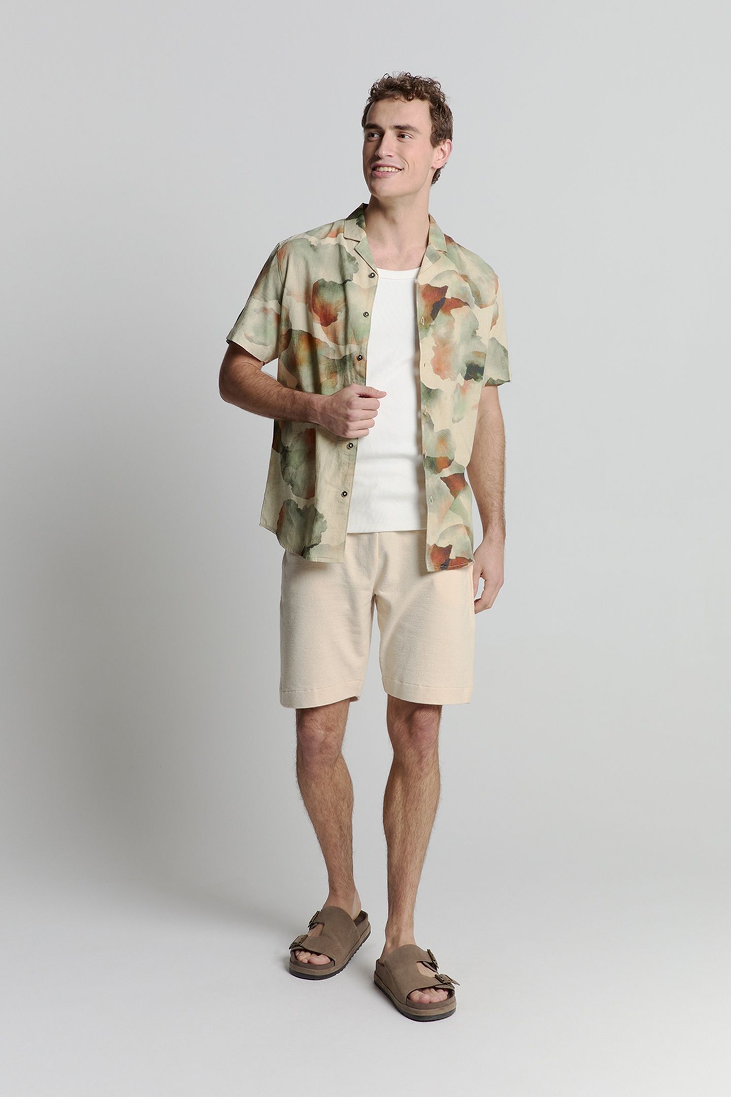 SHIRT SHORT SLEEVE REVERS COLLAR ALLOVER PRINTED WITH LINEN  1