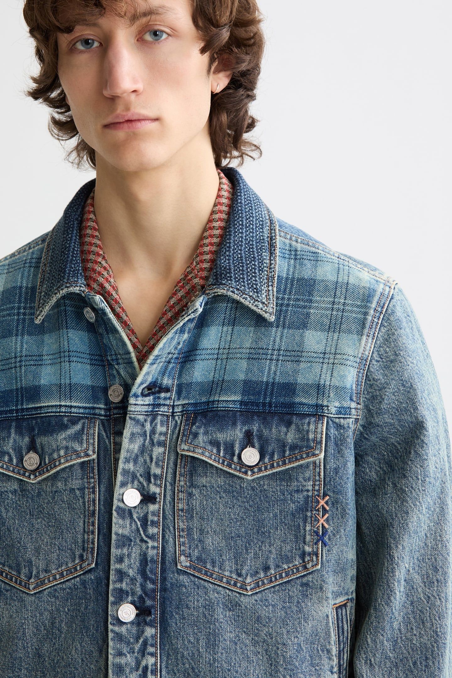 DENIM TRUCKER JACKET WITH CONTRAST CHECK PANELLING GREAT OUT 2